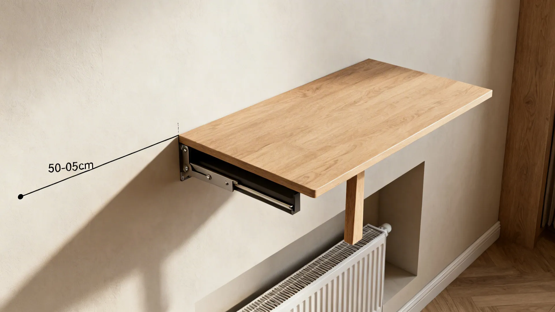 2) Fold-down wall tables that double as shelves