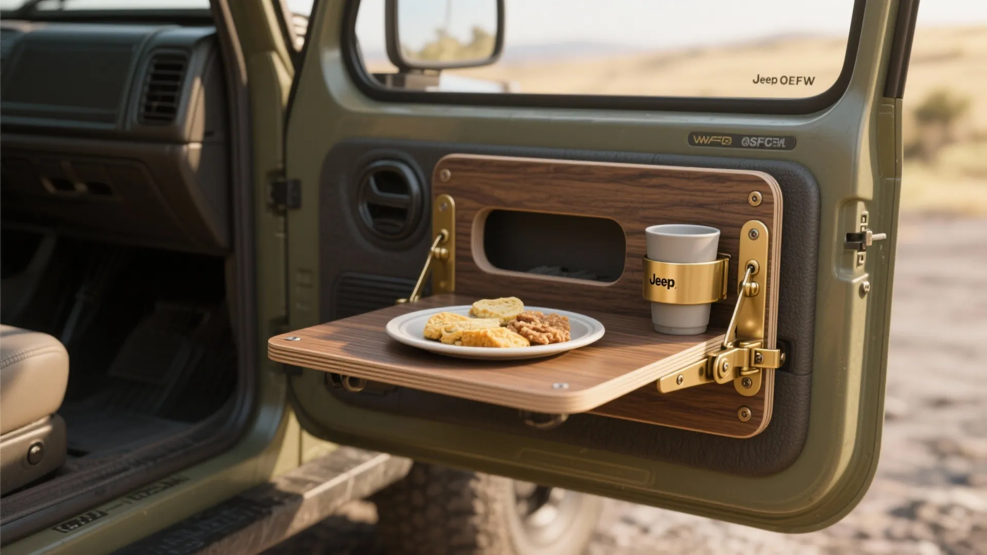 2. Fold-Down Tray with Cup Holder