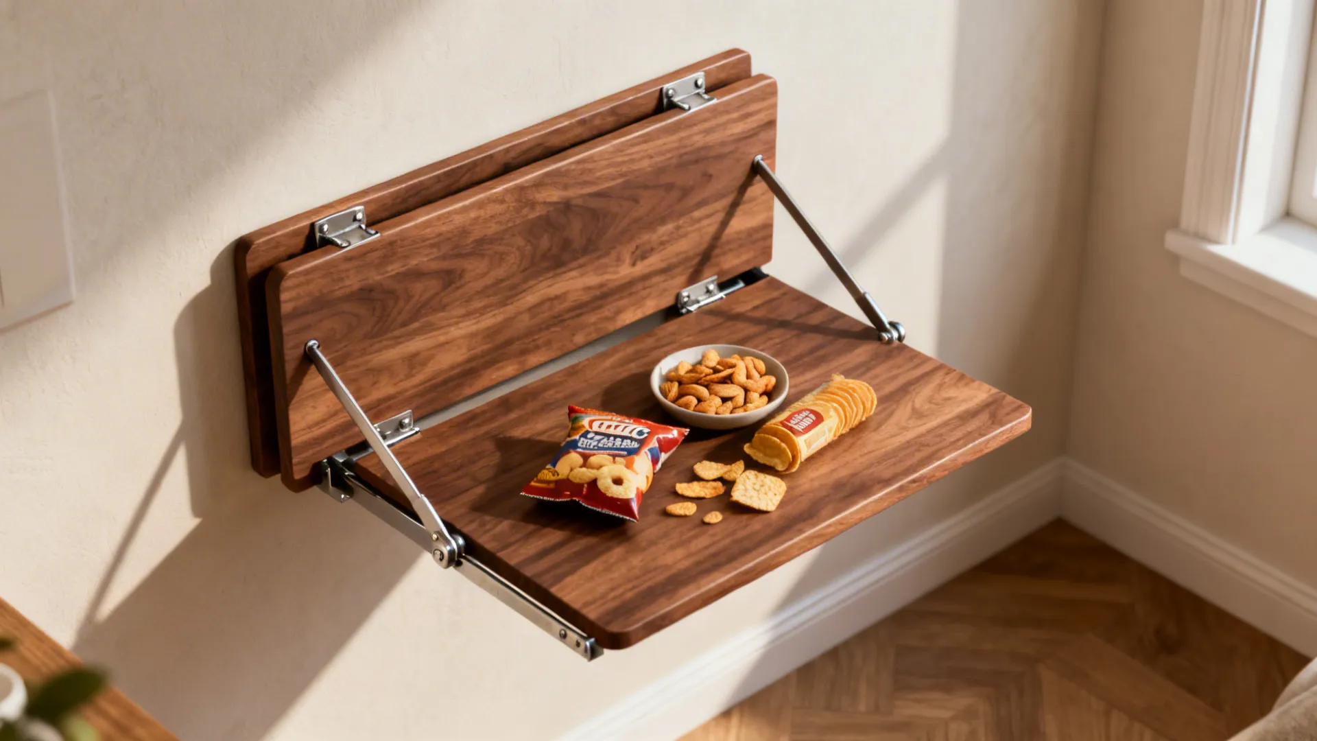 Wall mounted wooden folding table with snacks and small bowl in a bright sunny room