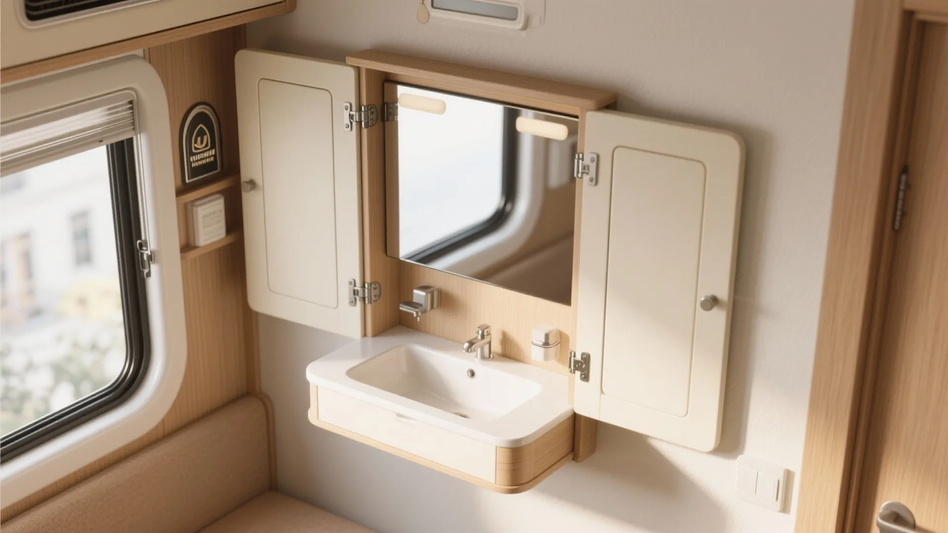 Compact wooden bathroom sink with a mirror and open white side cabinets inside small space