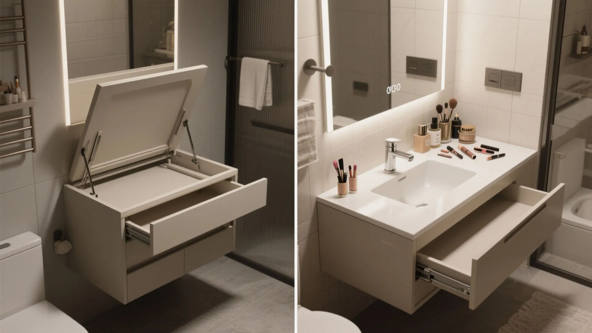 Modern bathroom cabinet with a fold down mirror lid and open storage drawer for small spaces