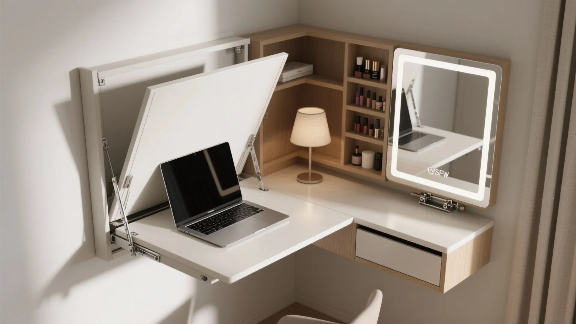 Space saving wall mounted desk with laptop wooden shelves light up mirror and makeup storage area