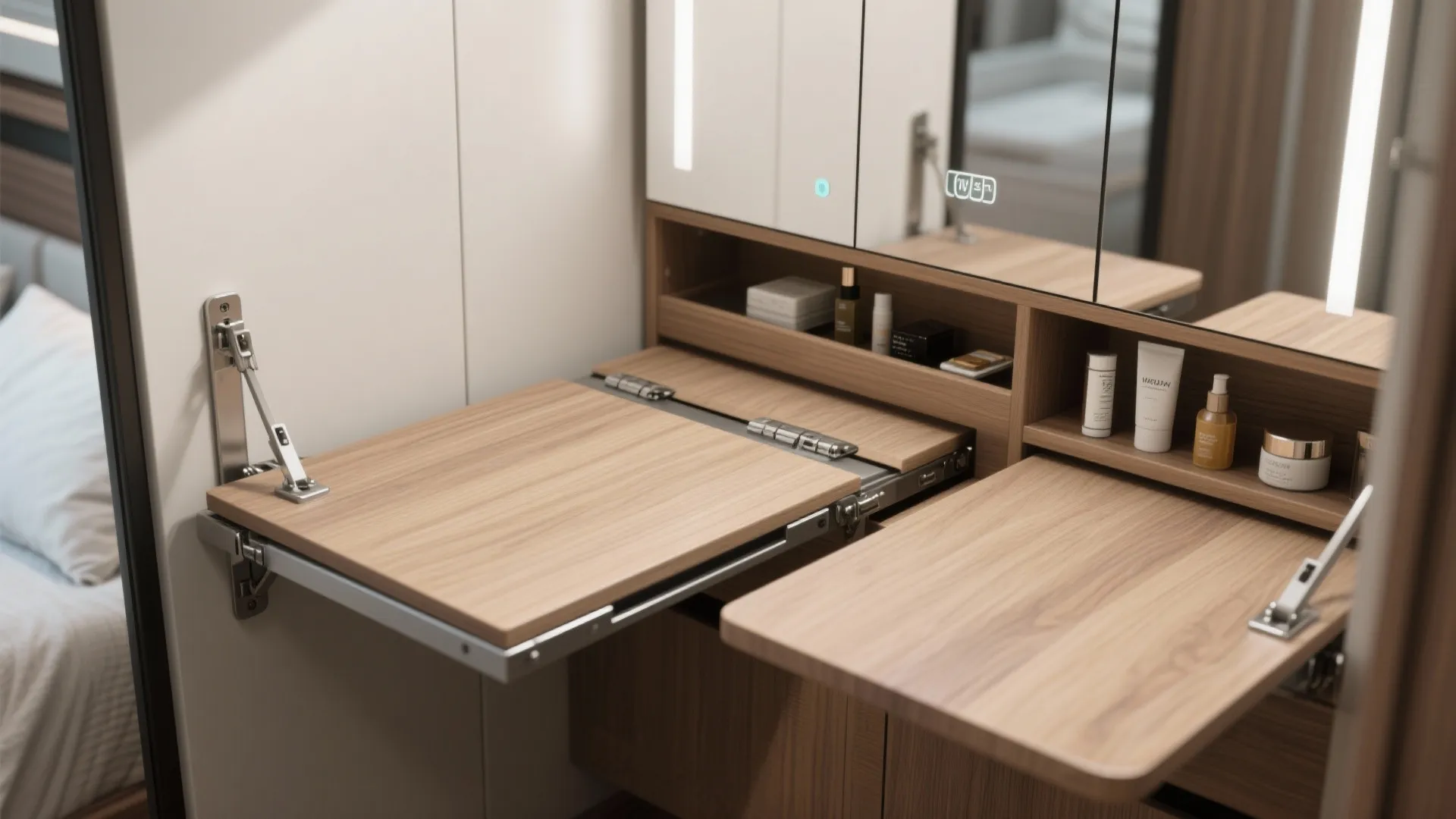 2. Fold-Down Vanity and Mirror Cabinet