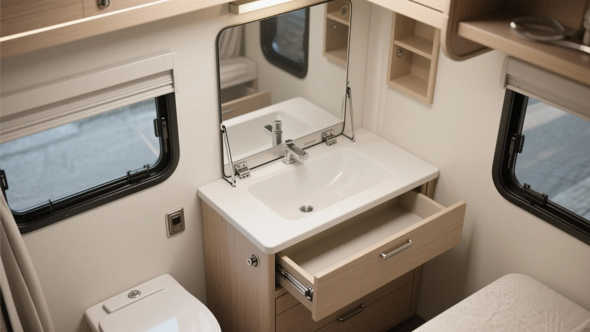 Small white bathroom sink with a mirror and an open wooden drawer in mobile home