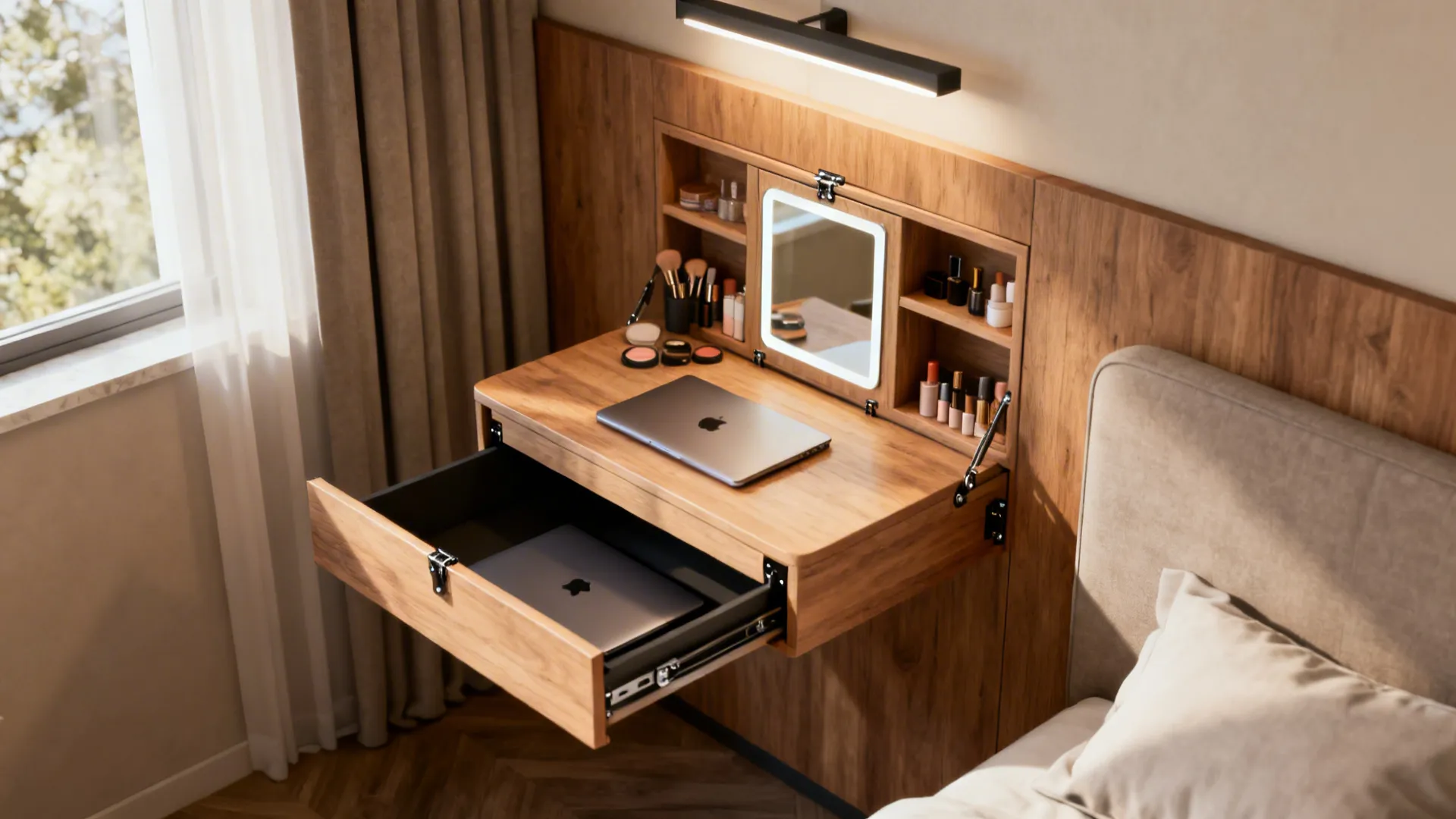 Fold-down vanity desk opened into a makeup station, showing sturdy hinges and neat storage.