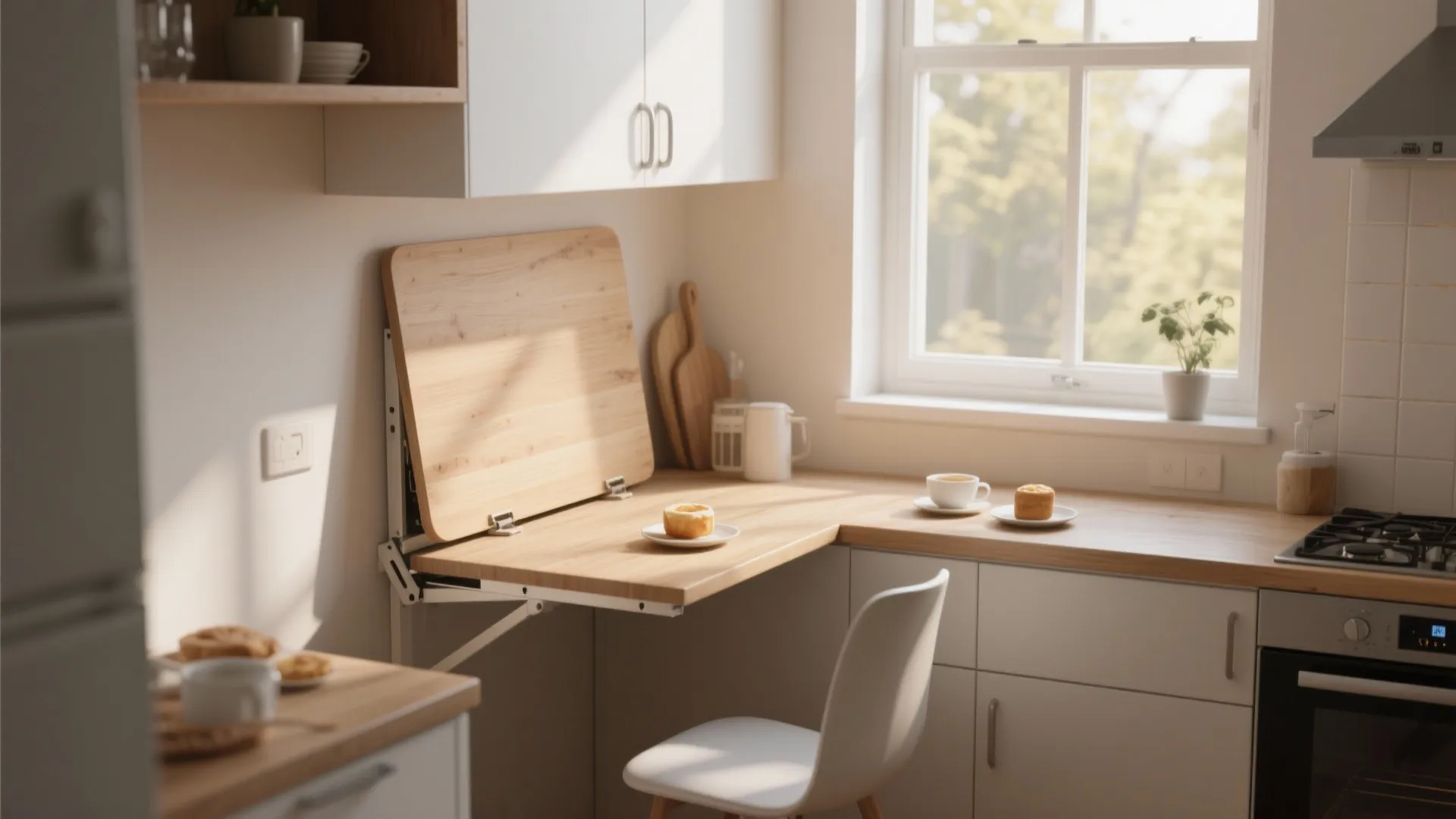 Modern kitchen with wood fold down table attached to wall white chair and natural light