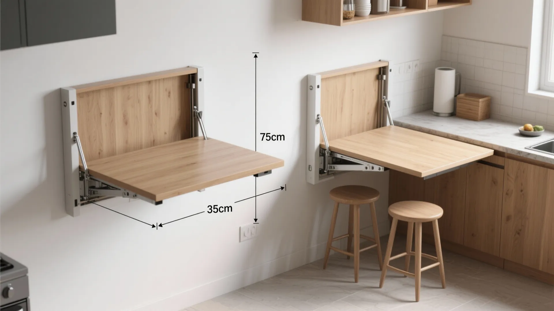 Two wooden wall mounted folding tables in a bright kitchen with stools and clear measurement lines