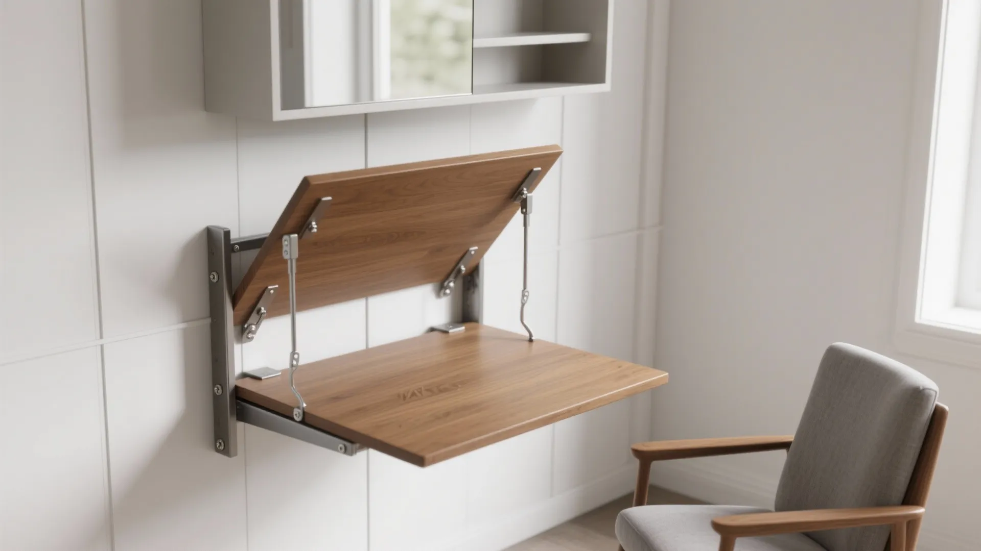 Modern wood fold down wall desk attached to white wall panel near grey chair window