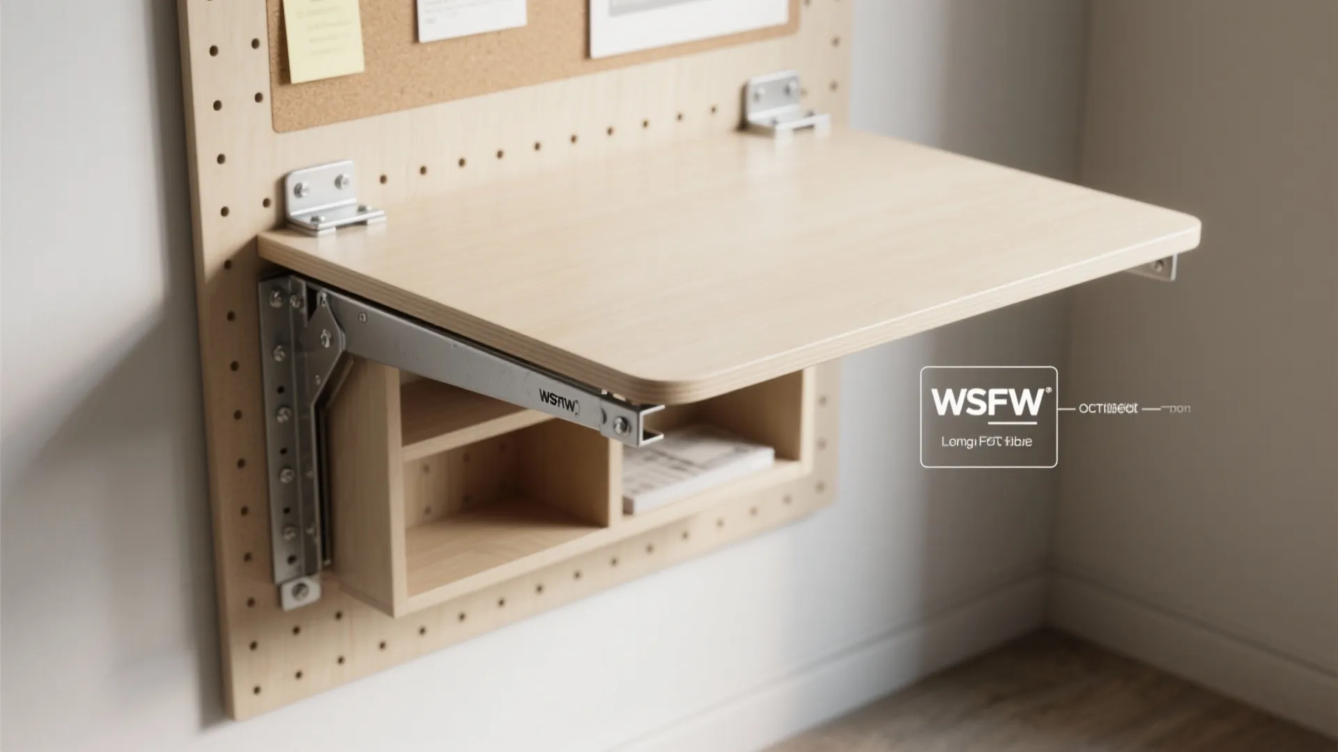 Small fold down wooden desk attached to wall pegboard with metal brackets and shelf space