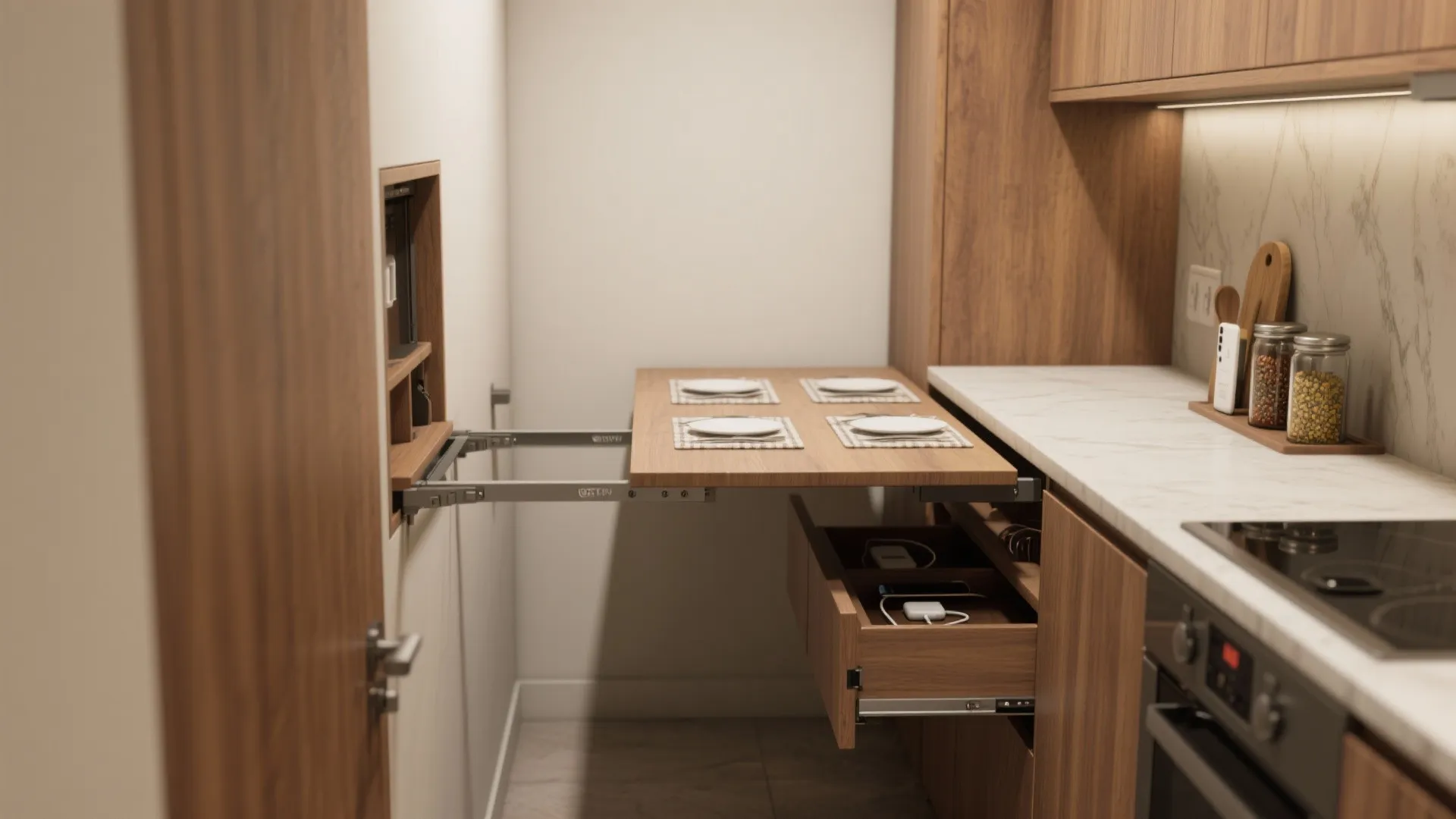 1. Fold-down wall table with concealed drawers