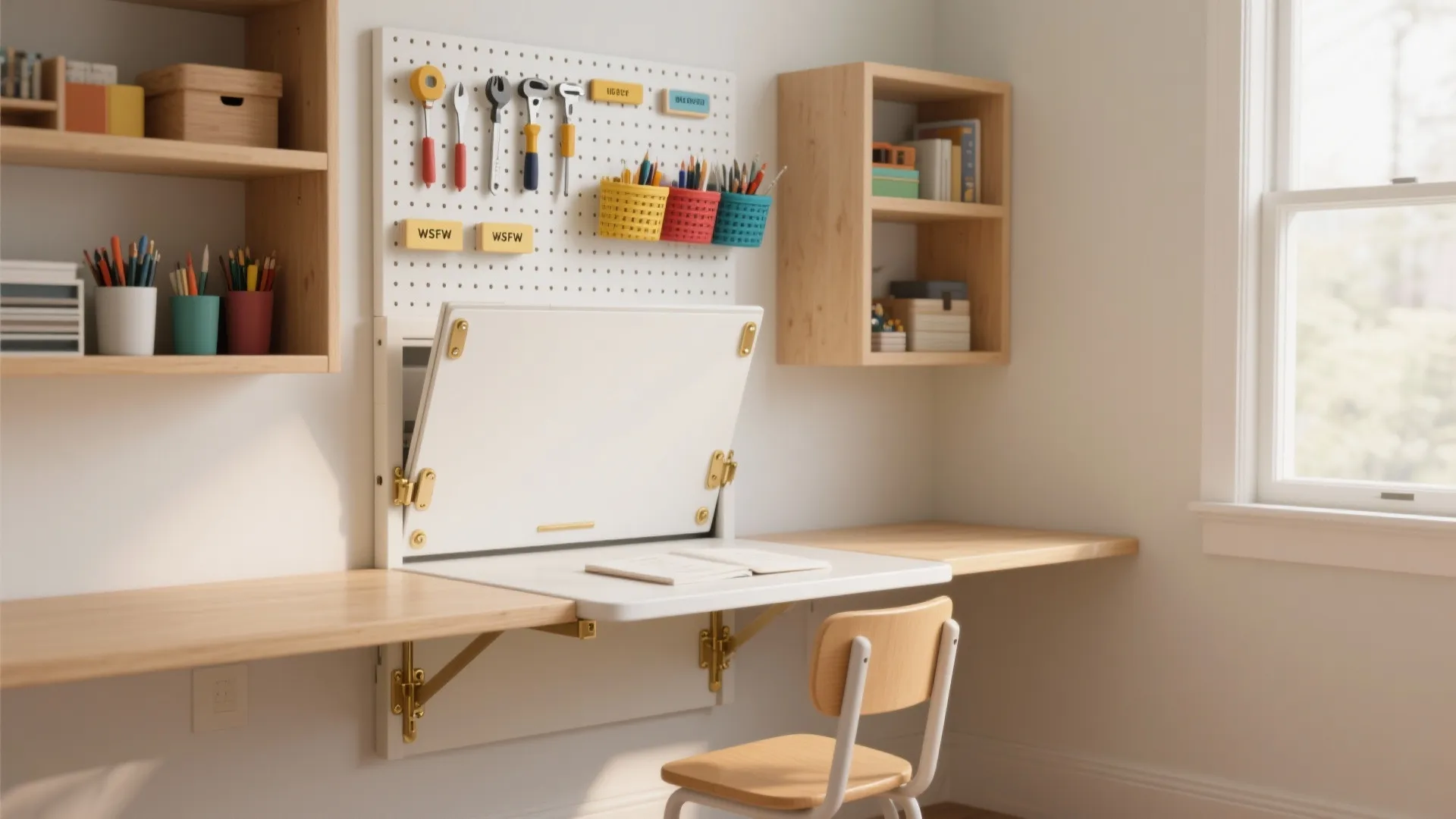 Fold down wall desk in home office featuring pegboard tool storage shelves and wooden chair