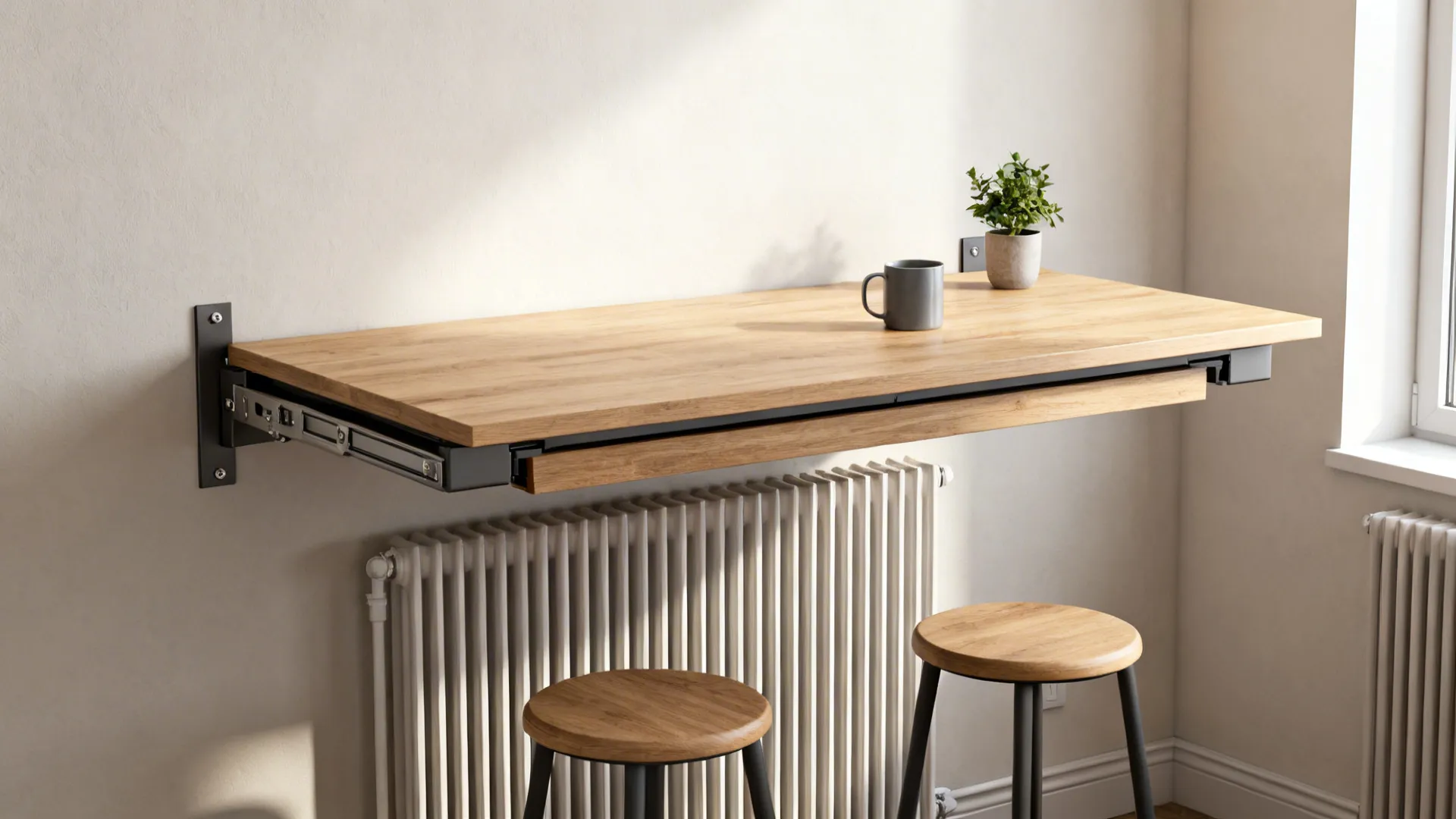 Wall-mounted fold-down dining table installed above a radiator with stools stored beneath