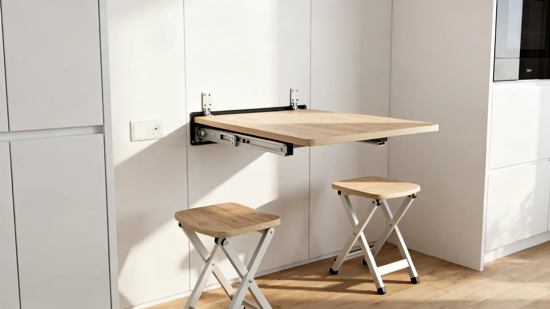 Micro-apartment showing a wall-mounted fold-down table in use with two foldable stools in a minimalist setting