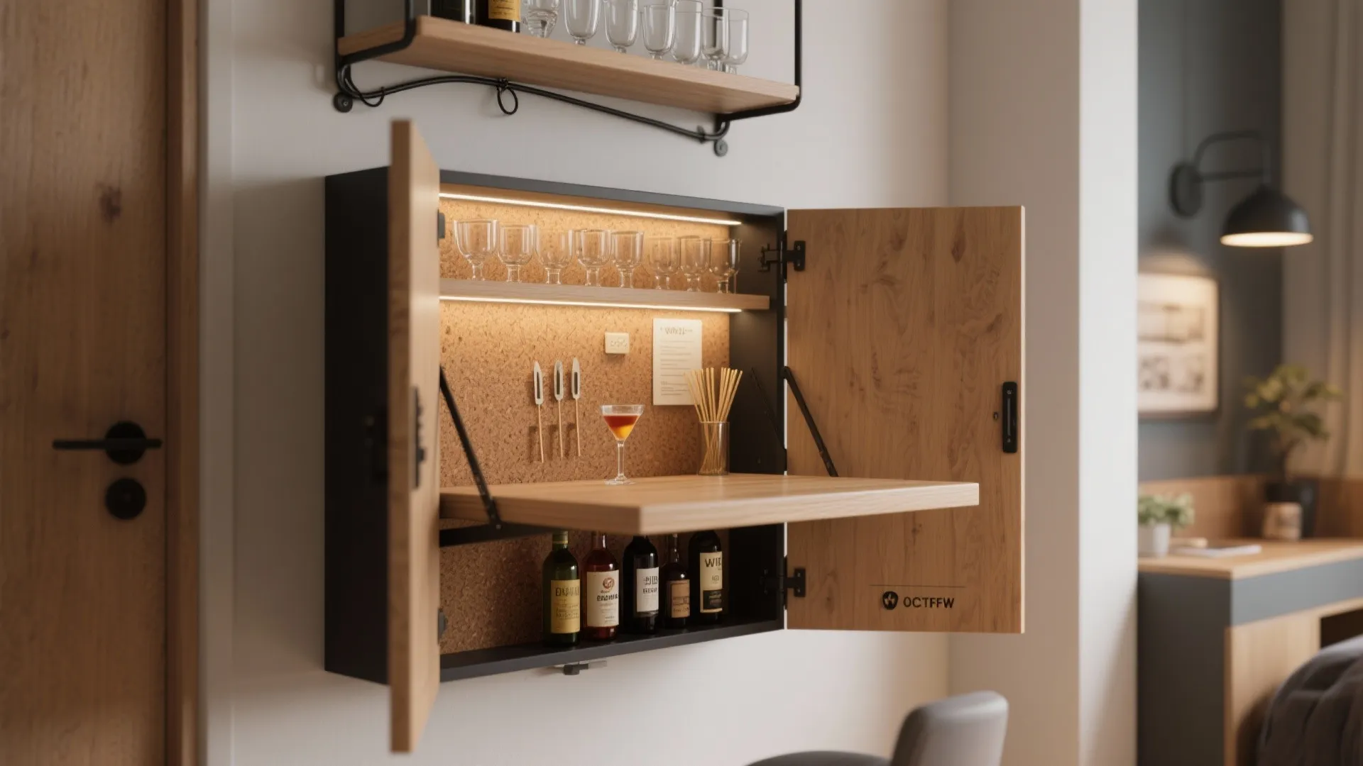 Modern wall cabinet with fold down table used as a bar area for drinks and glasses