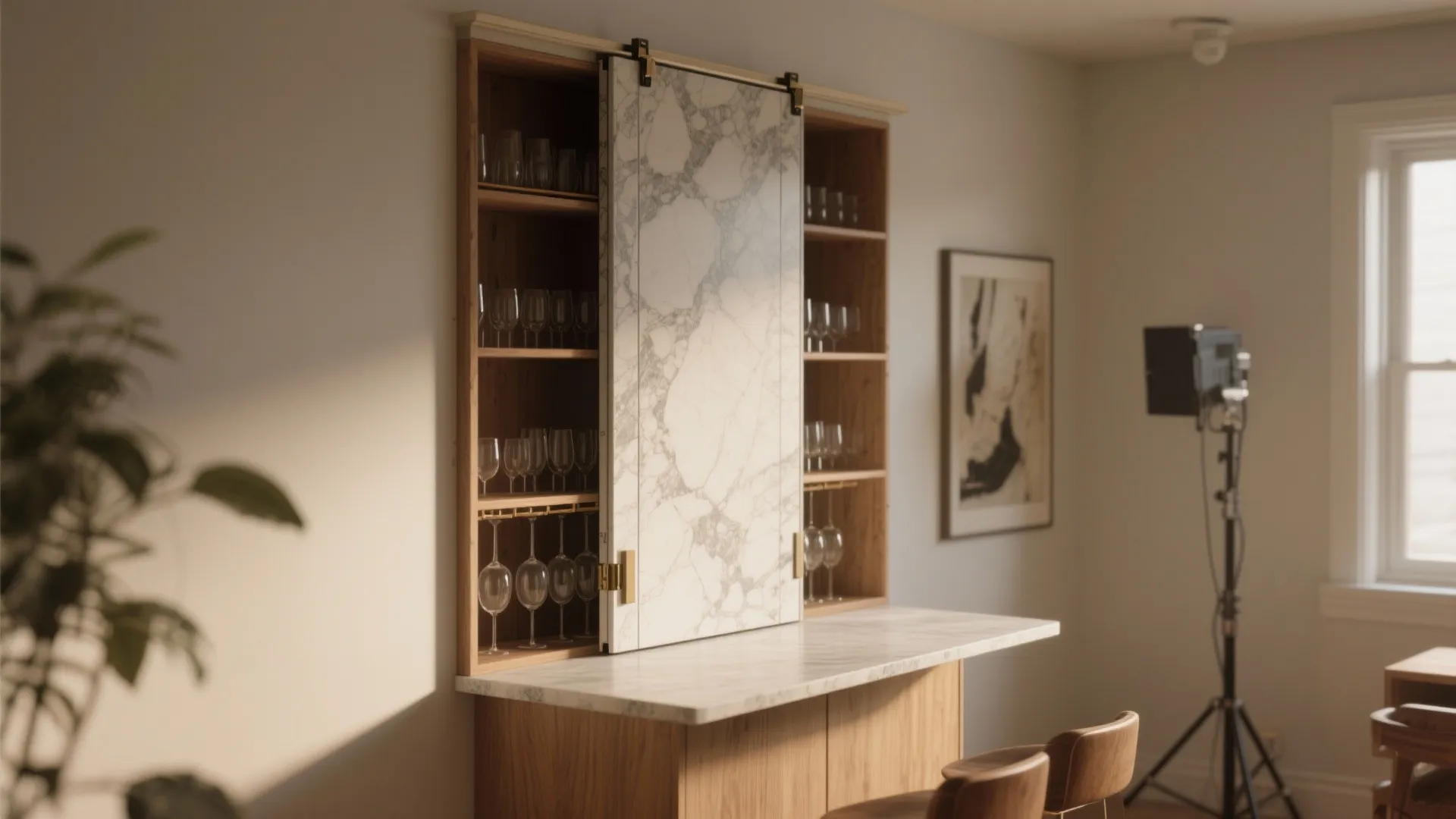Built in wooden cabinet with sliding marble door showing wine glasses and a marble top surface
