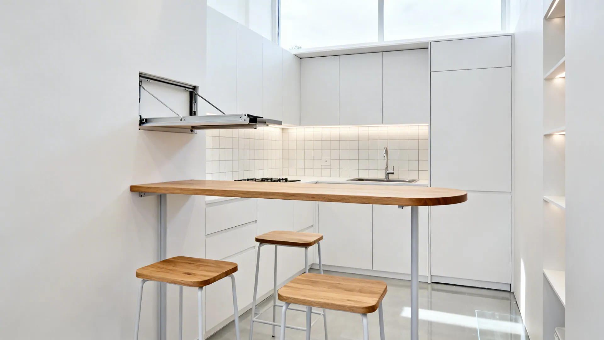 Fold-down wall bar in a micro kitchen with slim brackets and stackable stools.
