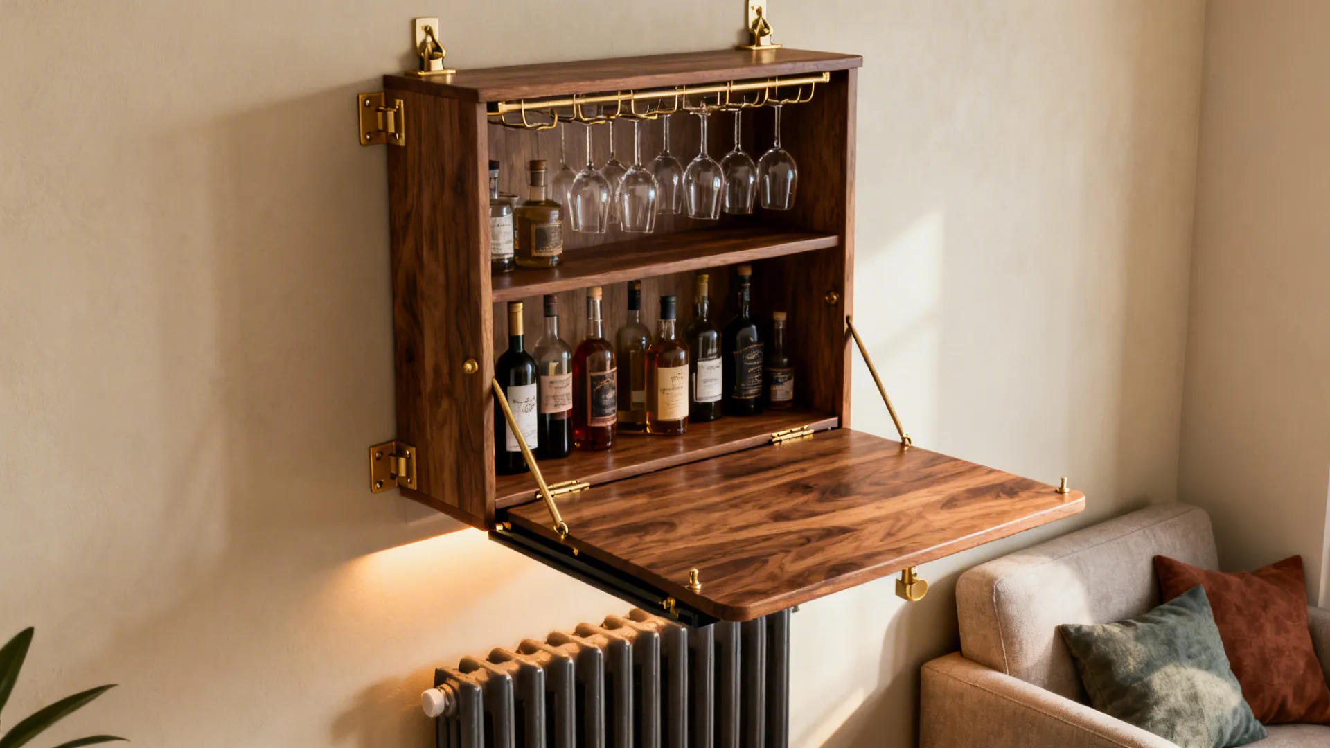 Opened fold-down wall bar mounted above a radiator, styled with bottles and hanging glasses.