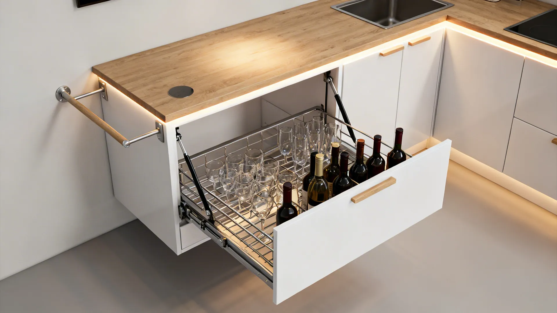 Open fold-down wall bar revealing prep surface and glass storage in a small flat