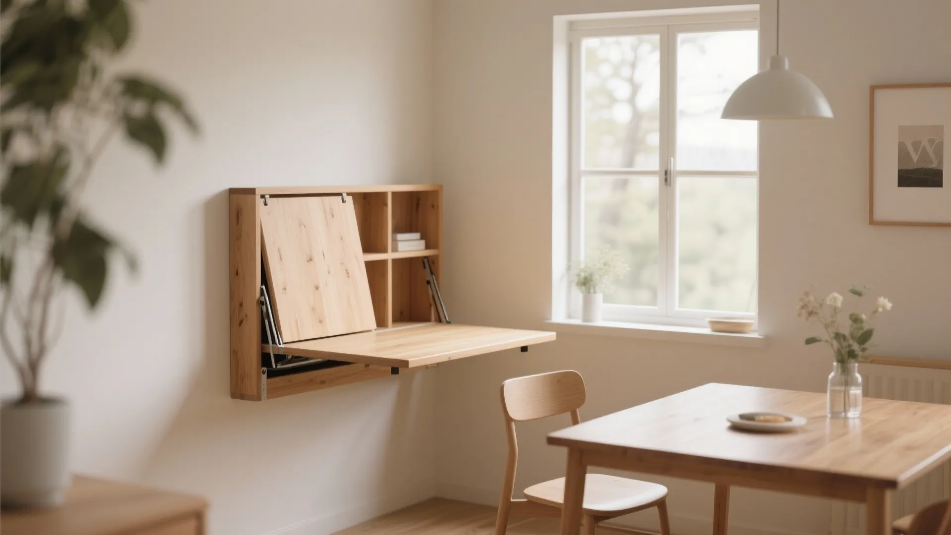 Wall mounted folding wooden desk for small space with shelf and table in bright room