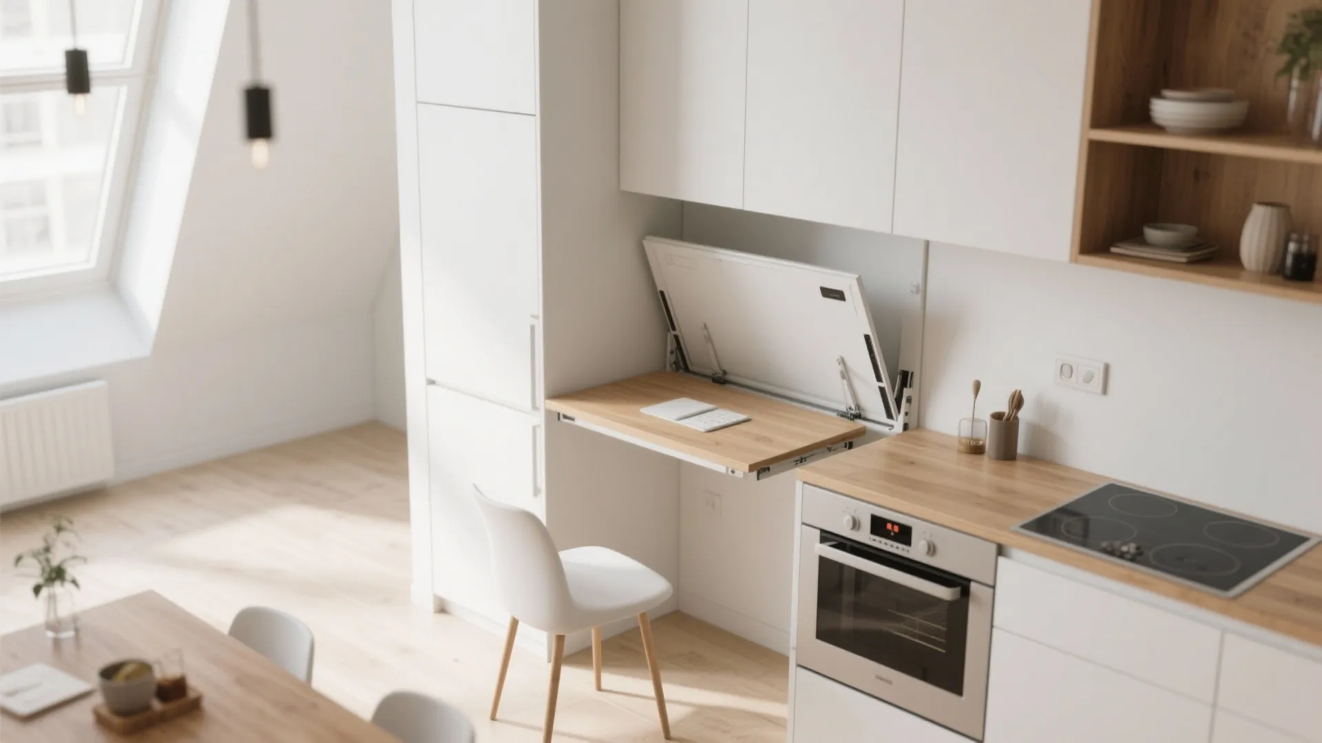 Modern white kitchen featuring a fold down wall desk used as a compact home office