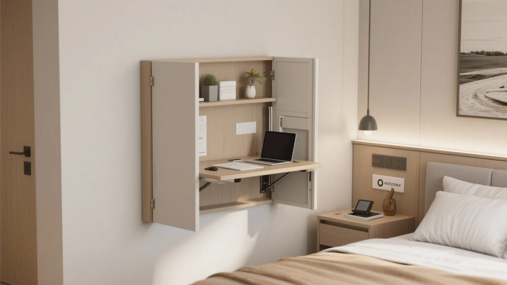 Small wall mounted folding desk with laptop and shelves located next to a bedroom bed