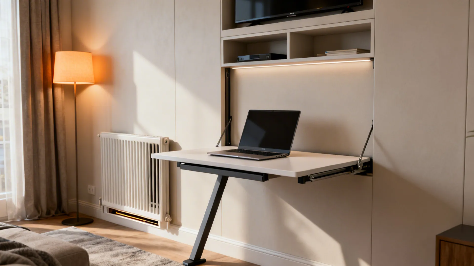 Fold-down wall desk opened in a small studio, with laptop and fold-out leg for support.