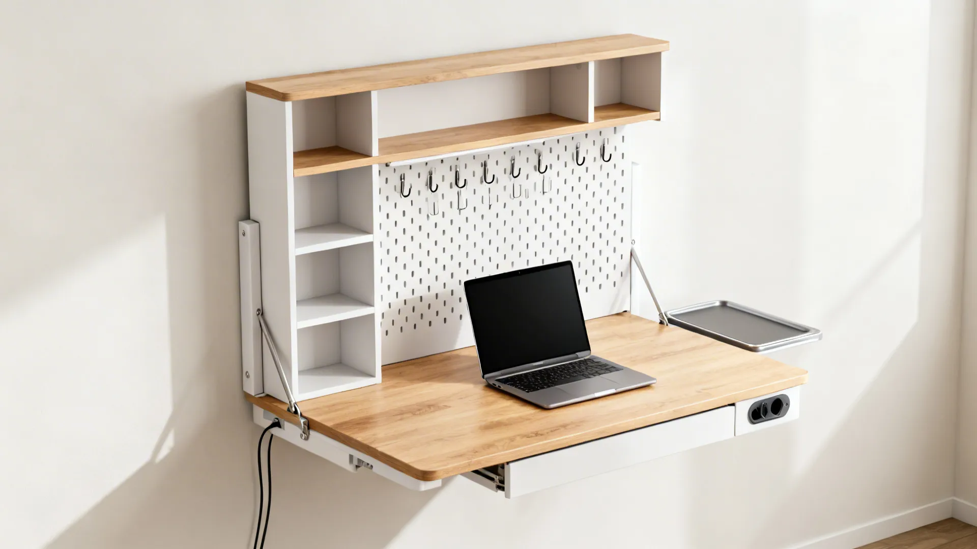 Fold-down wall desk with open cubbies and pegboard storage shown mid-open.