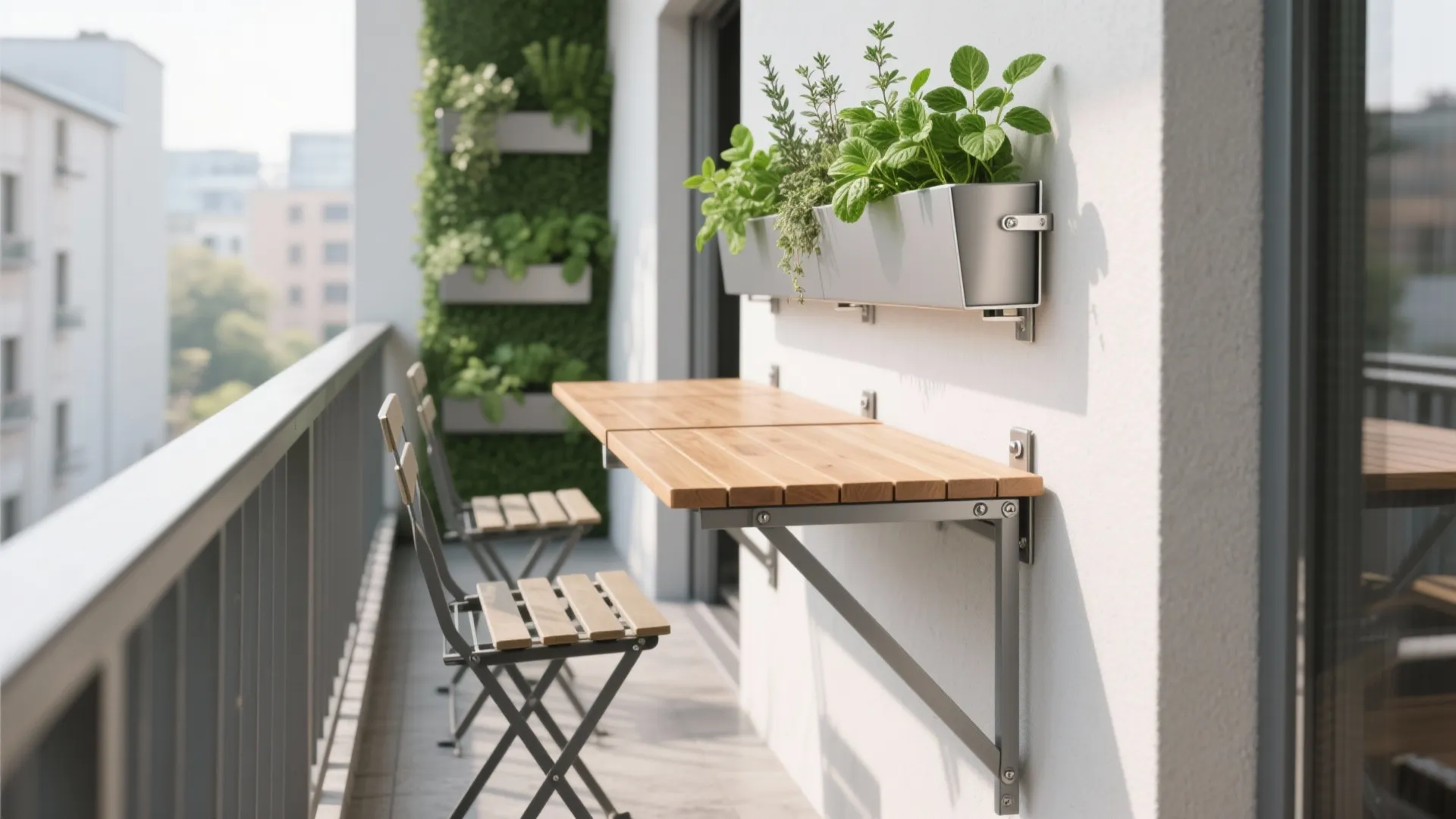 1) Slim fold-down balcony table with wall planters