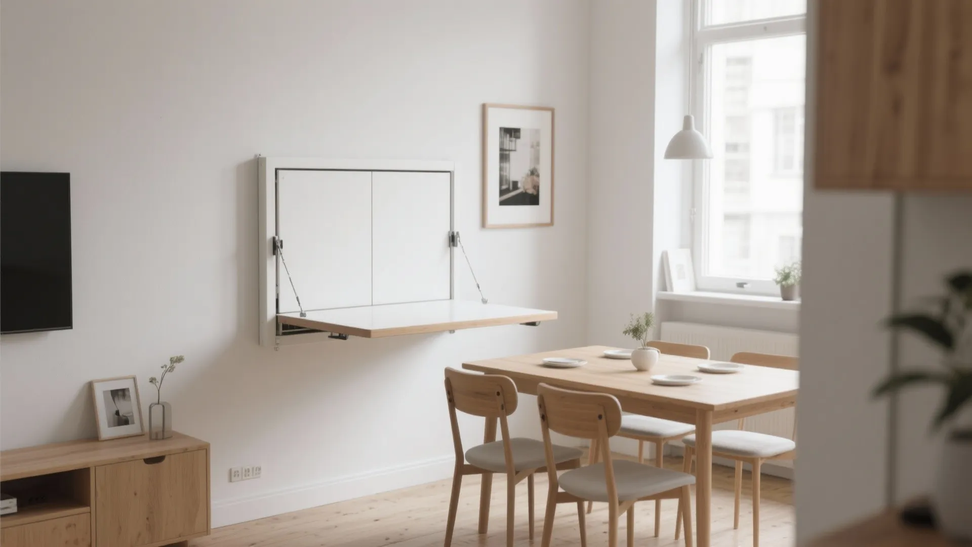 Modern white fold down wall table installed near a wooden dining set in bright room