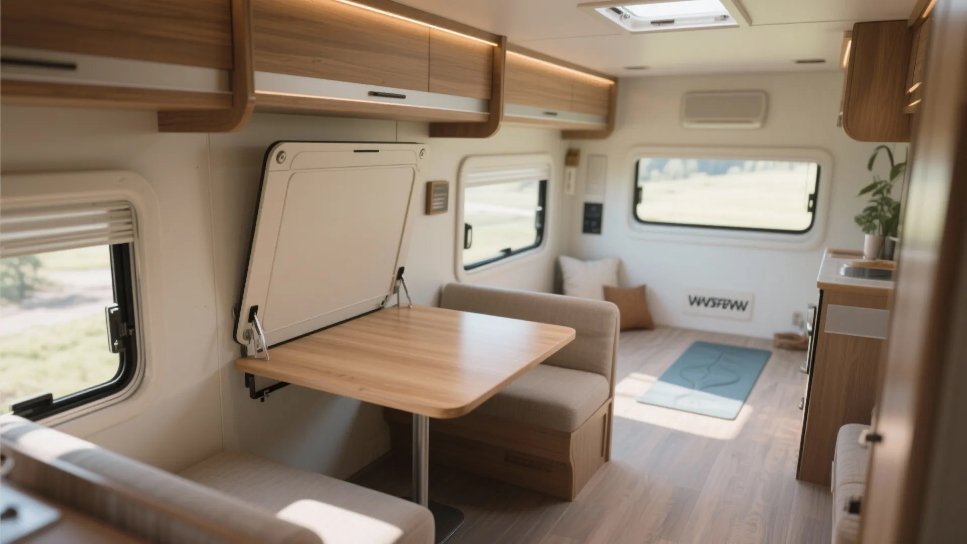 Interior of a camper featuring a fold down wall table next to a tan sofa