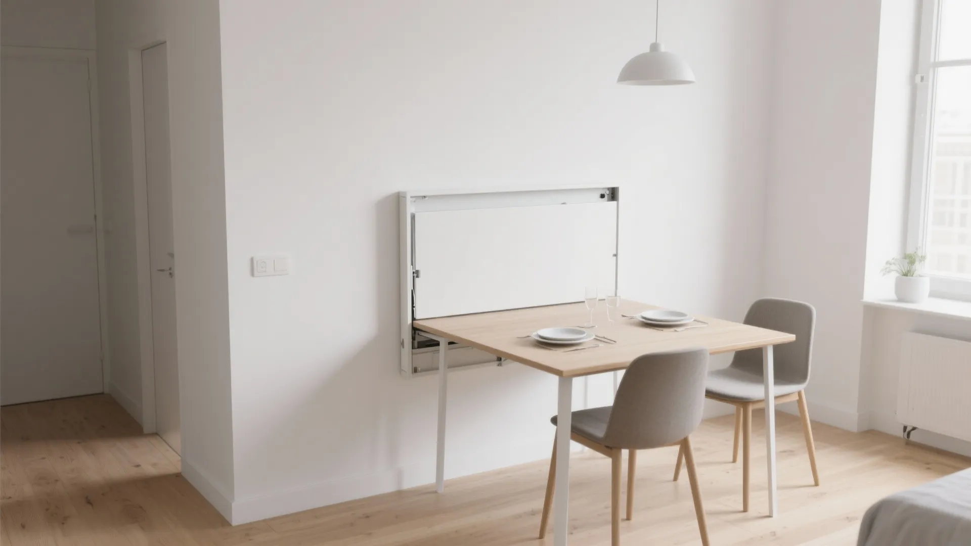 Minimalist white dining space featuring a fold down wall table two grey chairs and flooring