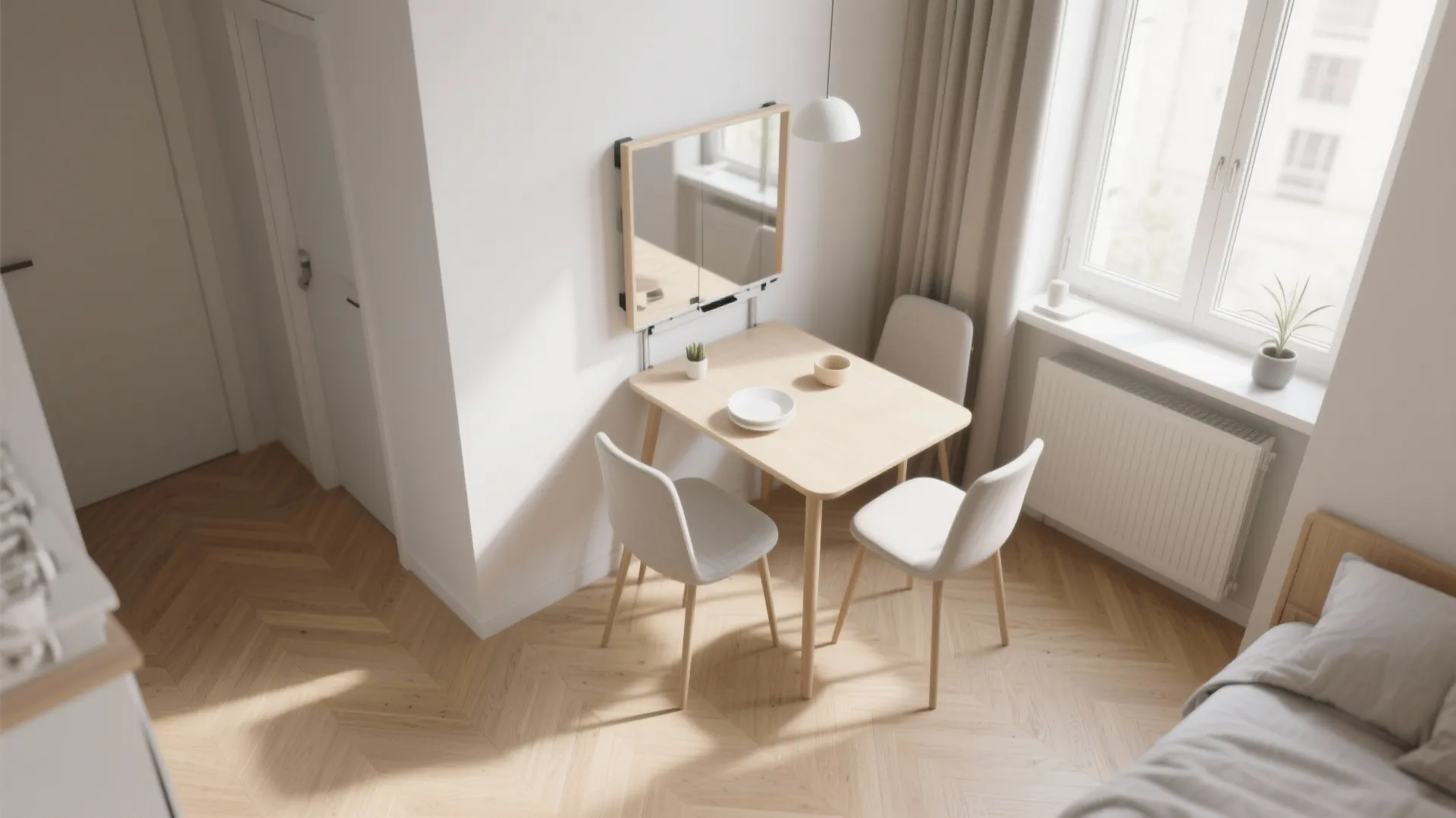 Top-down view of a small dining area with fold-down wall table