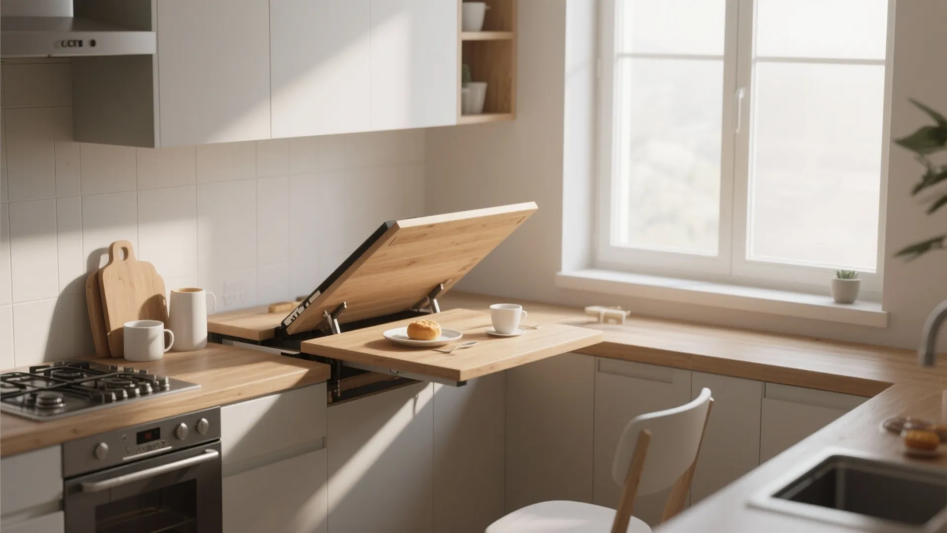 Modern white kitchen with wooden fold down wall table featuring coffee cup bread and sunlight