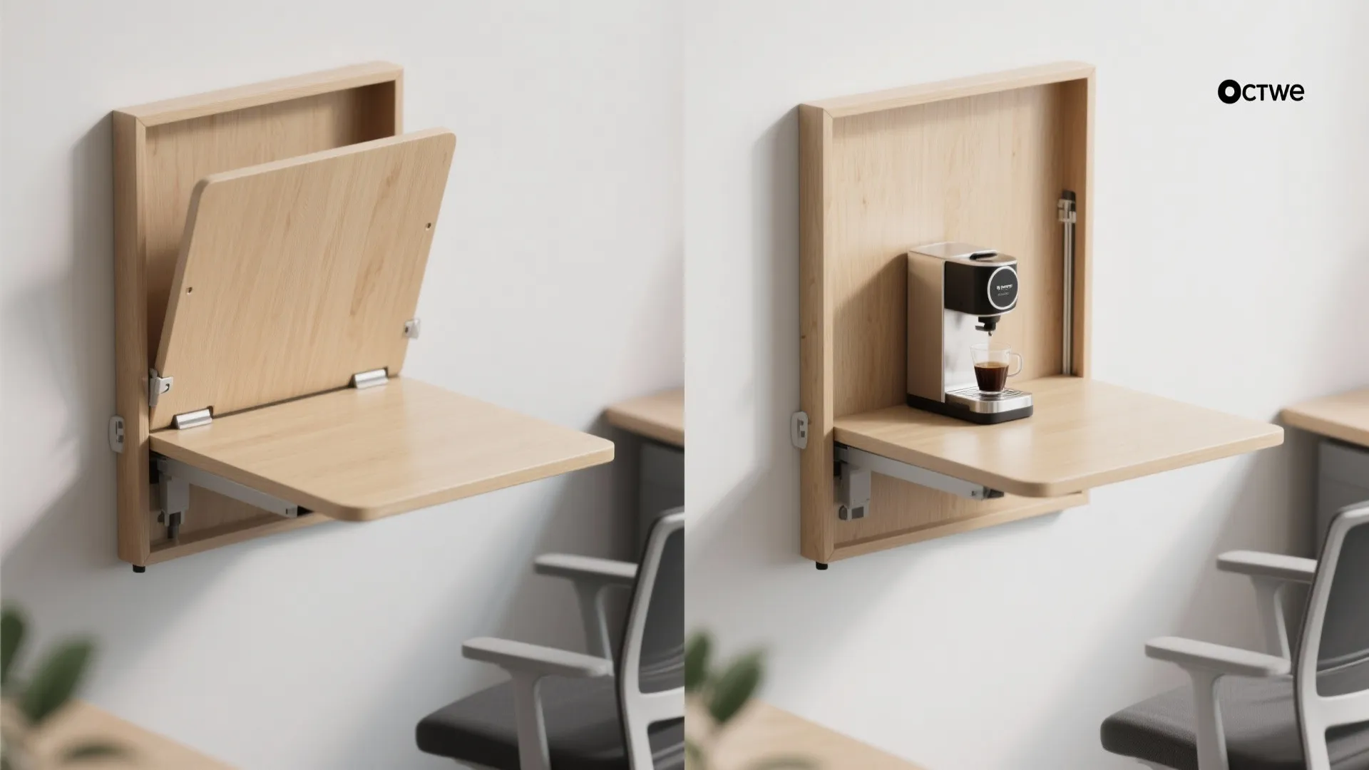 Light wood fold down wall table showing folding mechanism and open position with coffee machine