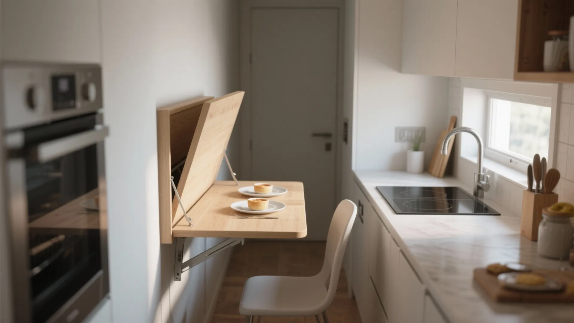 Modern white kitchen featuring a wooden fold down wall table with two plates and chair