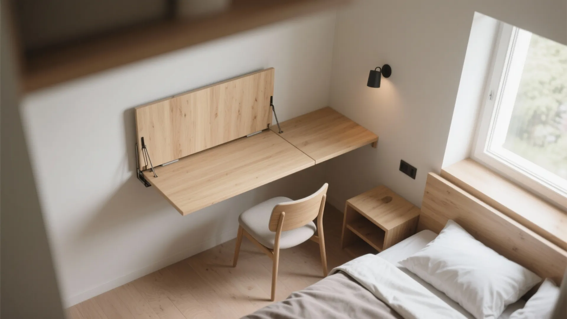 Modern bedroom featuring a wooden fold down wall desk with matching chair and wall light