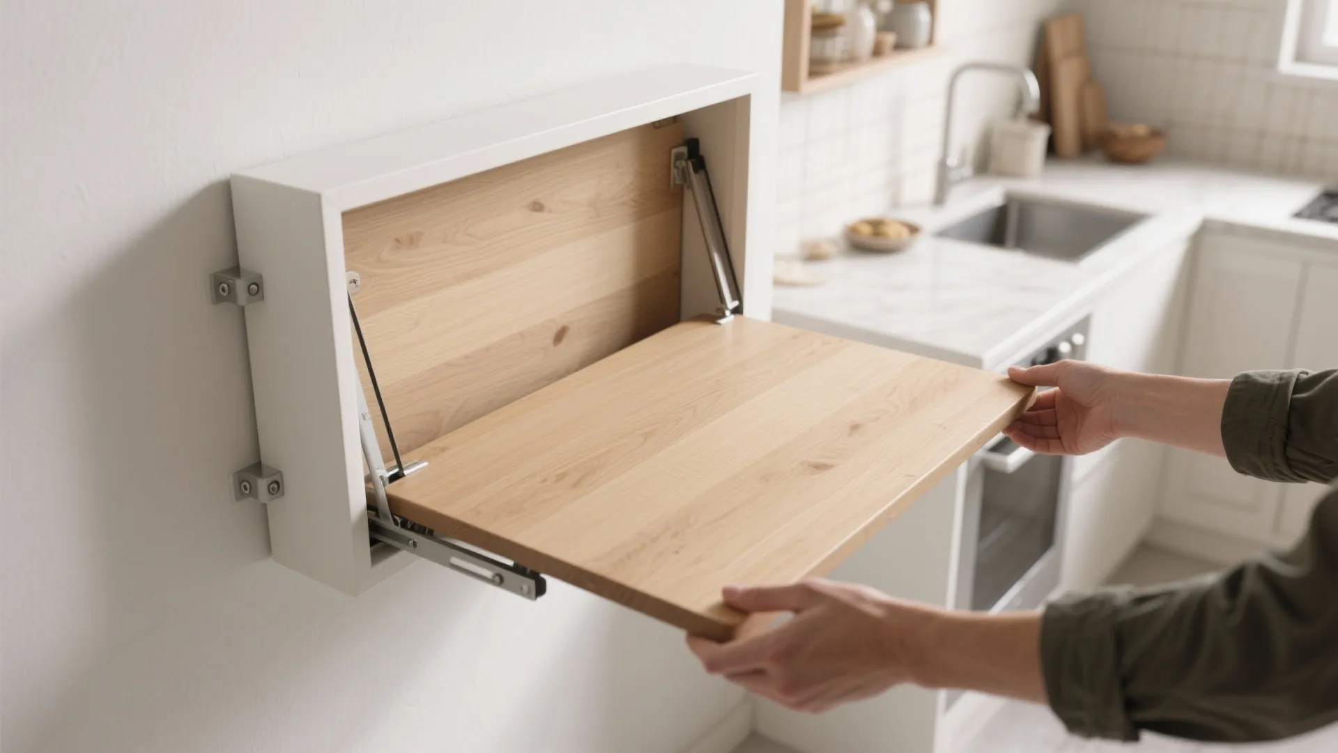 3. Fold-down wall table for multi-use kitchens