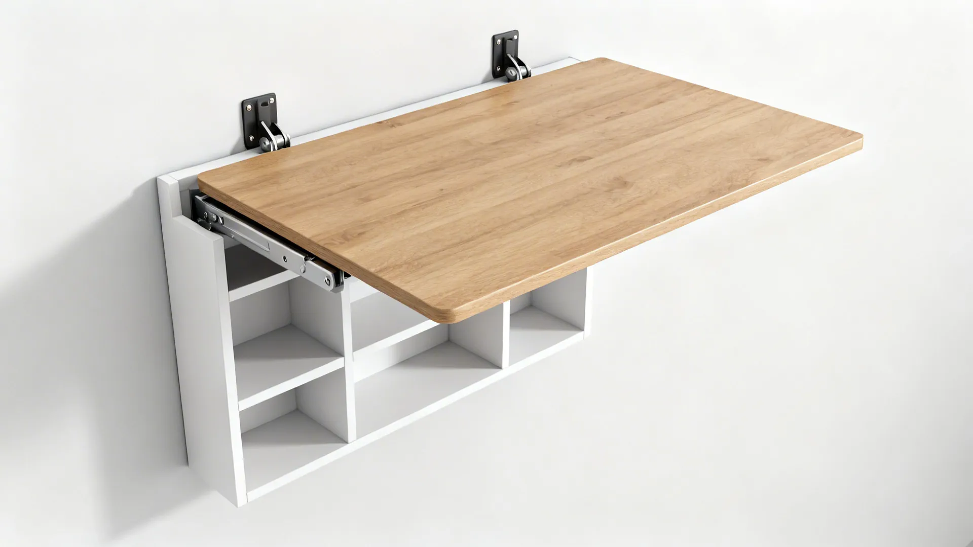 Fold-down wall table shown both folded flat as shelving and folded down as a dining surface
