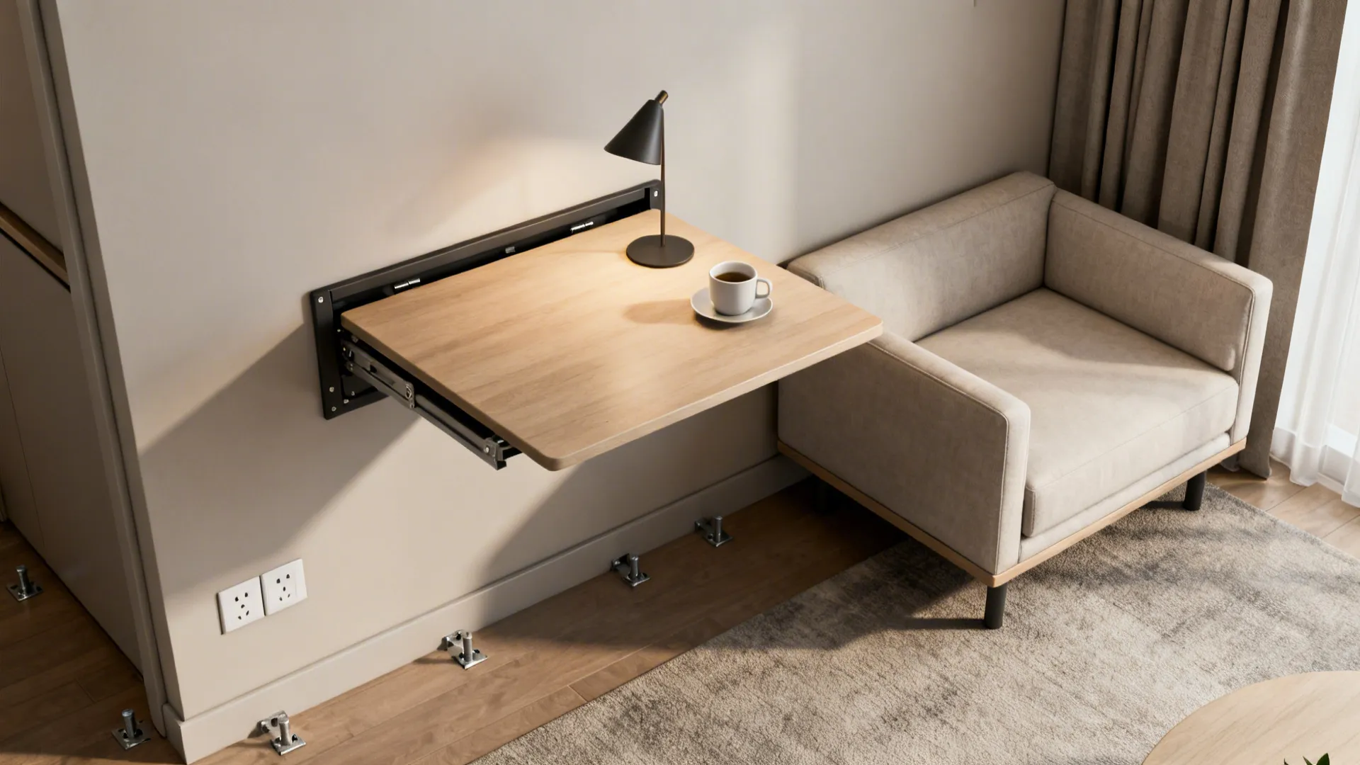 Wall-mounted fold-down table shown open with a lamp and closed flat against the wall beside a loveseat.