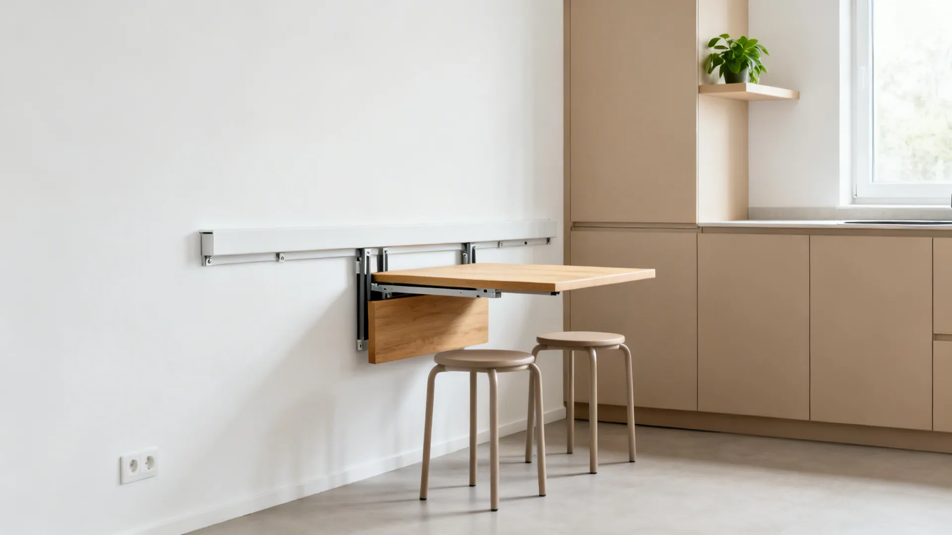 Fold-down wall table with stackable stools in a minimalist studio kitchen, bright and uncluttered.