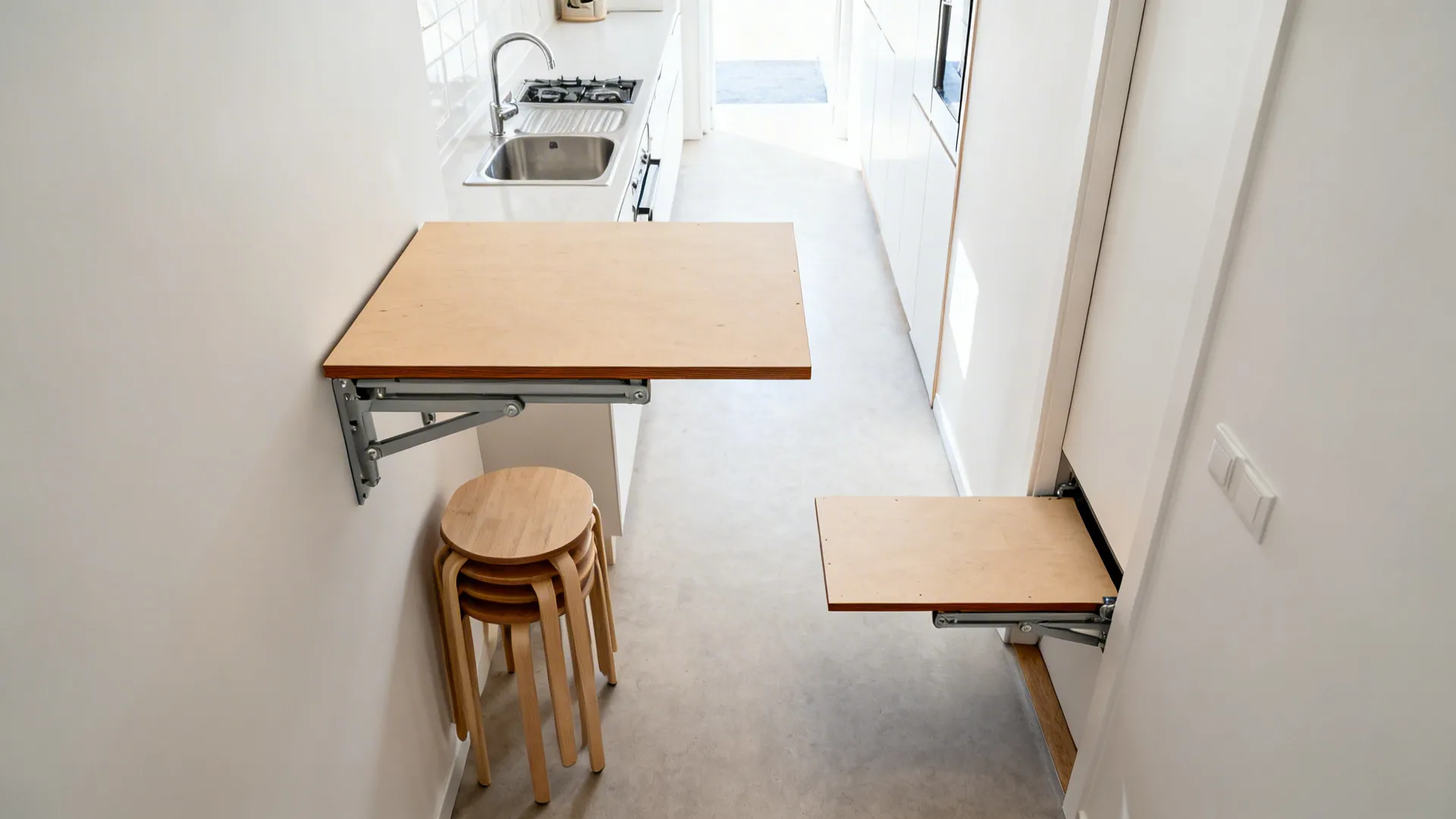 Top-down view of a fold-down wall table with sturdy brackets and nesting stools in a corridor kitchen.