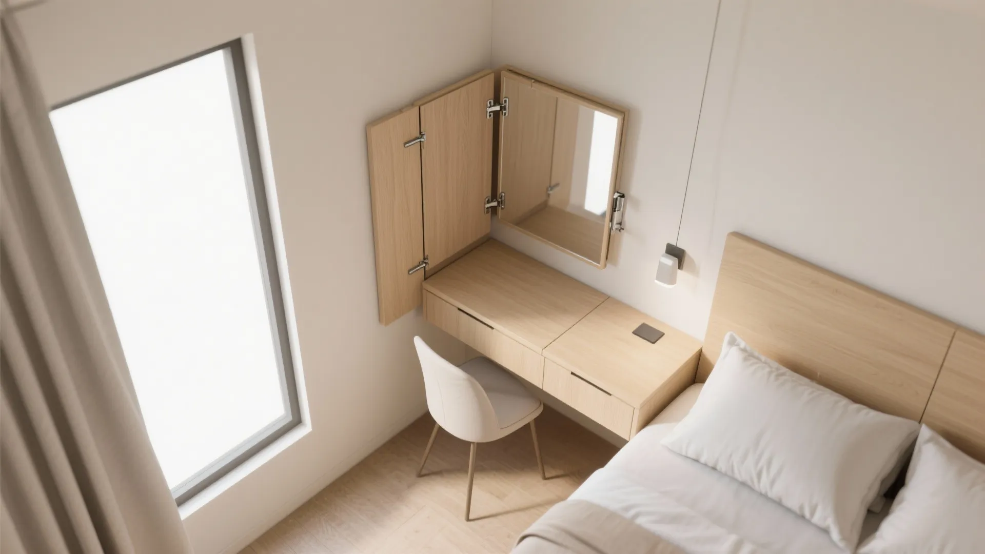 Top view of wooden wall vanity with fold down mirror and white chair in bedroom