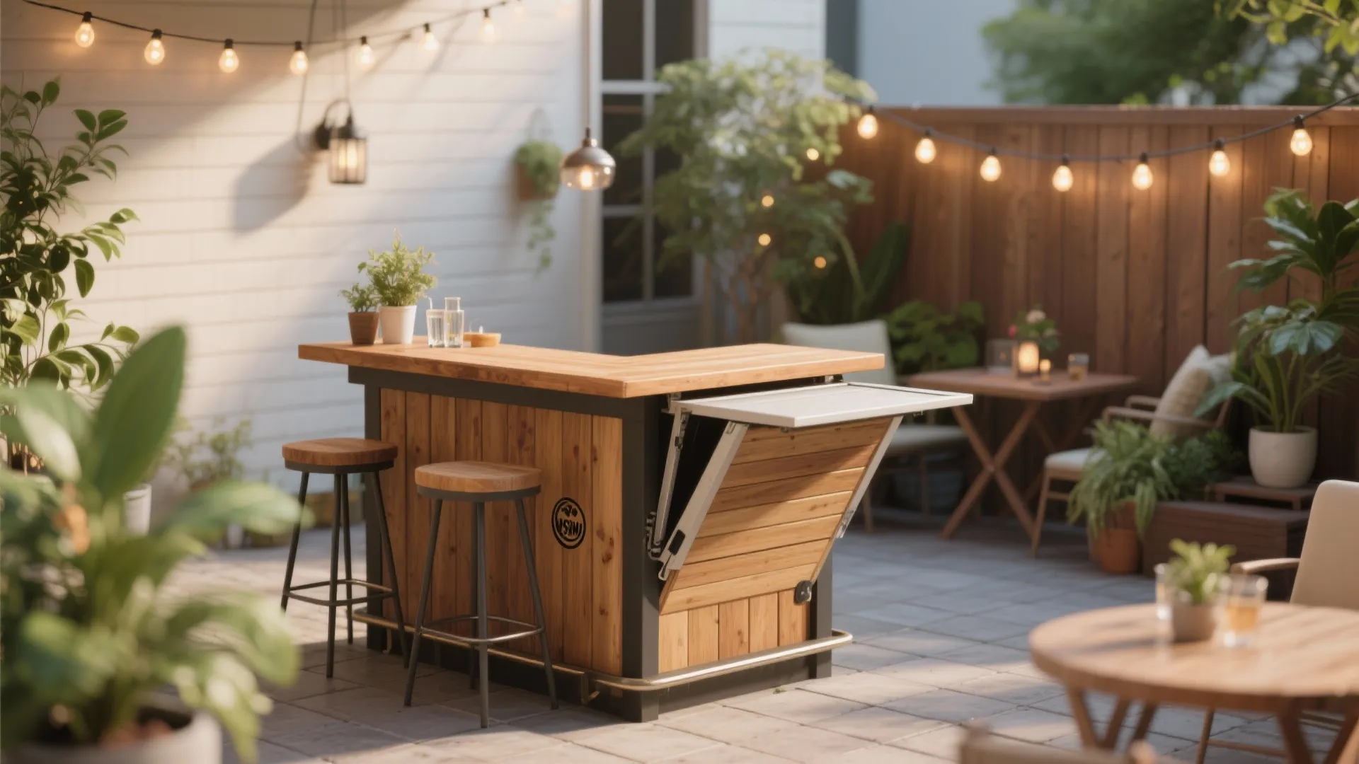 Outdoor wooden bar table with folding leaf two bar stools string lights and green plants