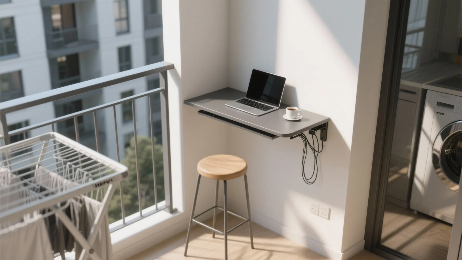 4) Fold-down table plus slim stool for a work-from-balcony nook