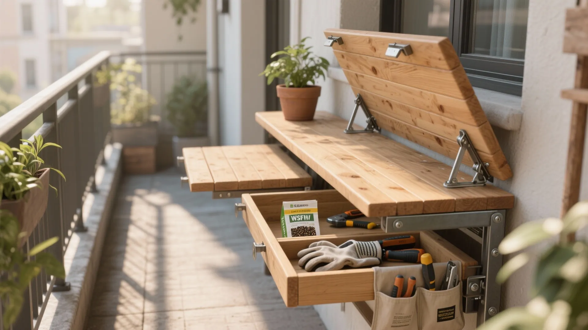 Wooden wall mounted fold down workbench on a balcony with drawers for storing gardening tools