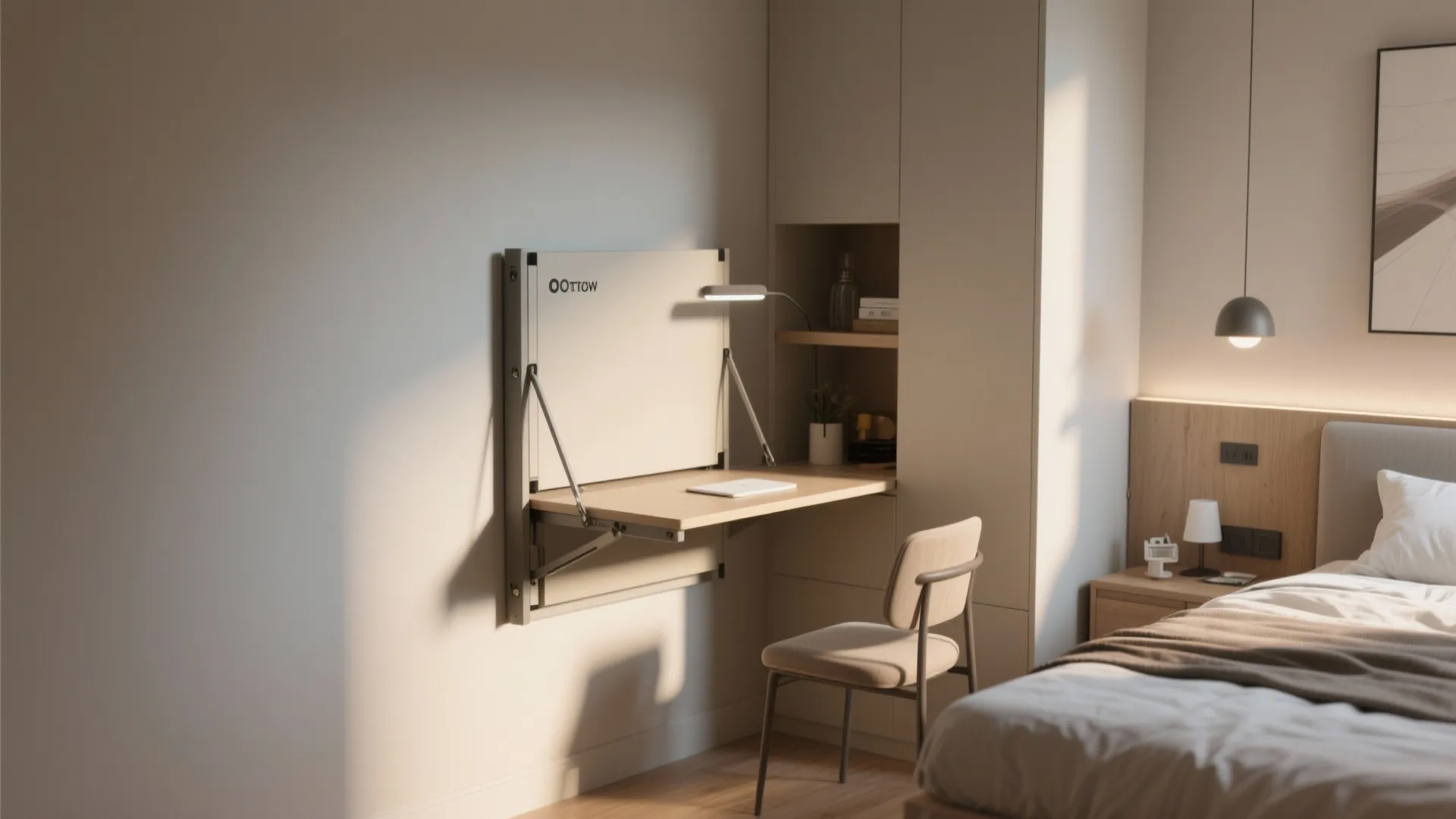 Small guest bedroom with a wall-mounted fold-down desk