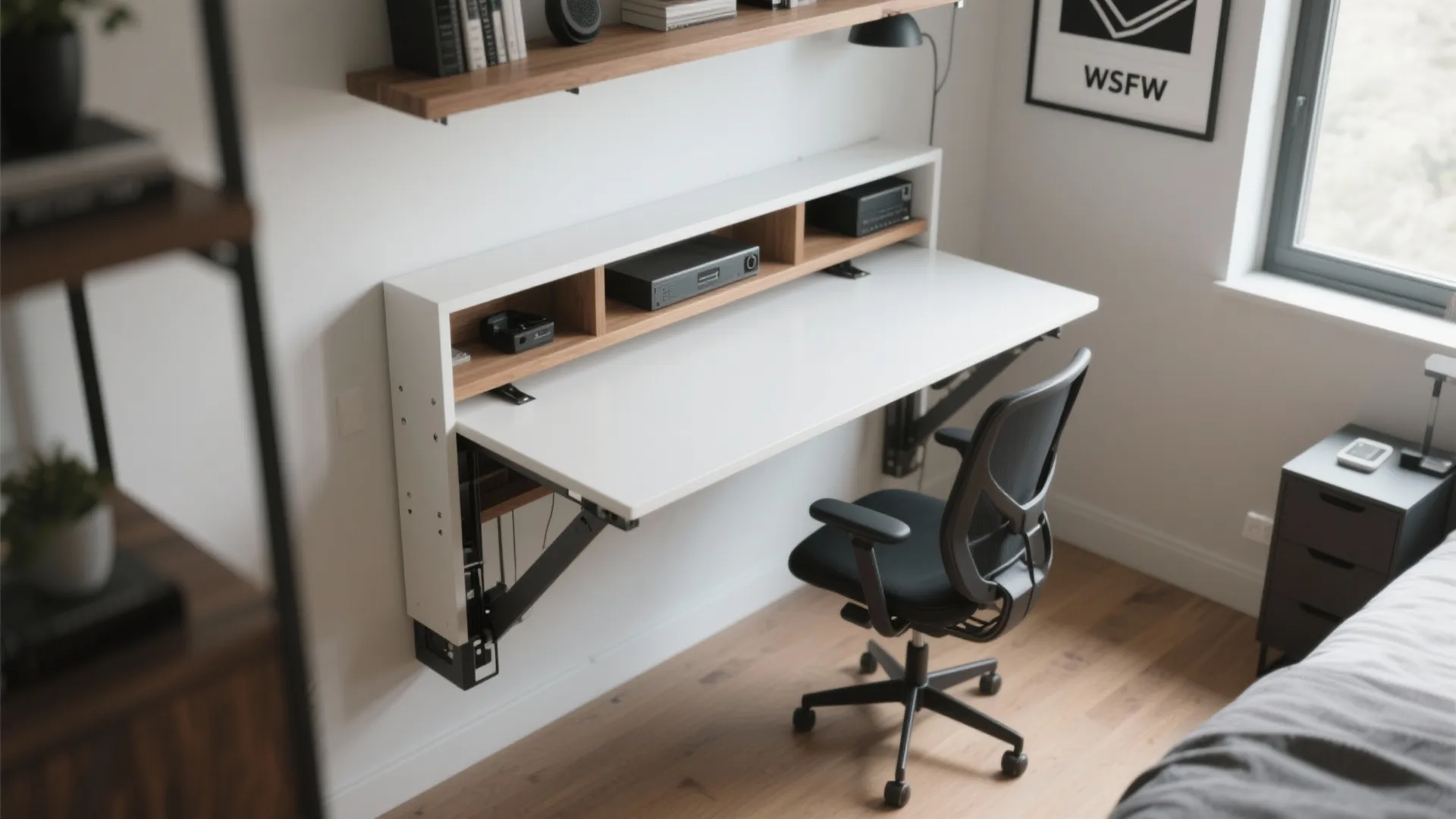 Wall-mounted fold-down desk in a compact office