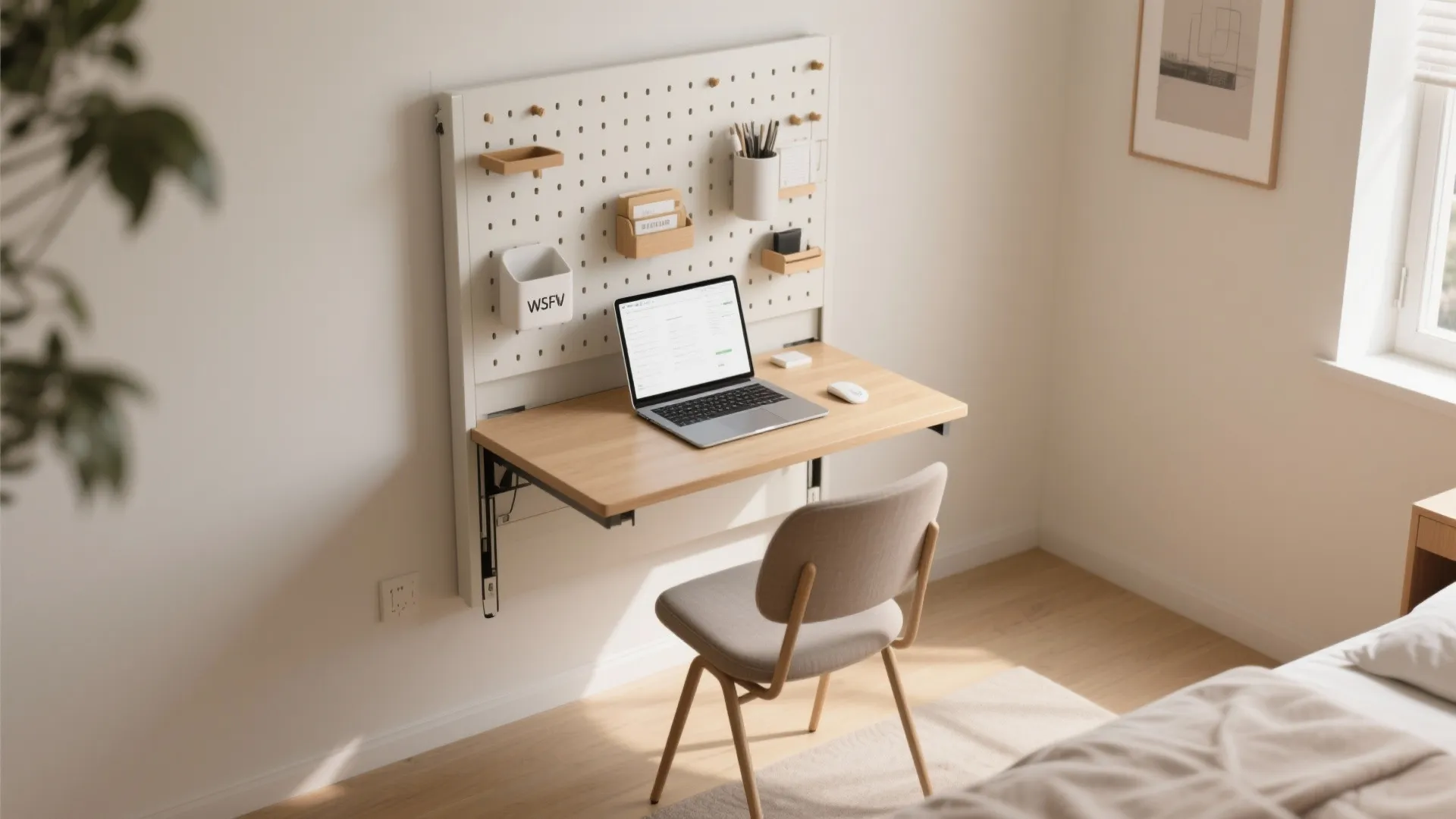 2. Fold-down workstation for multi-use rooms