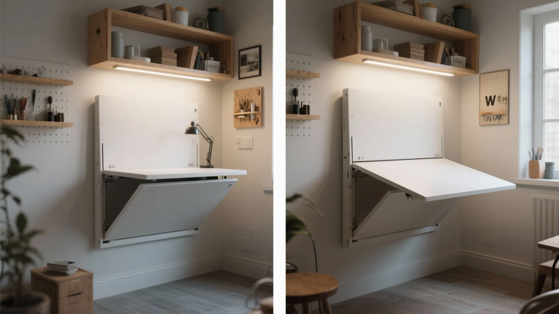 White fold down work table mounted on wall with wooden shelves and light fixture above