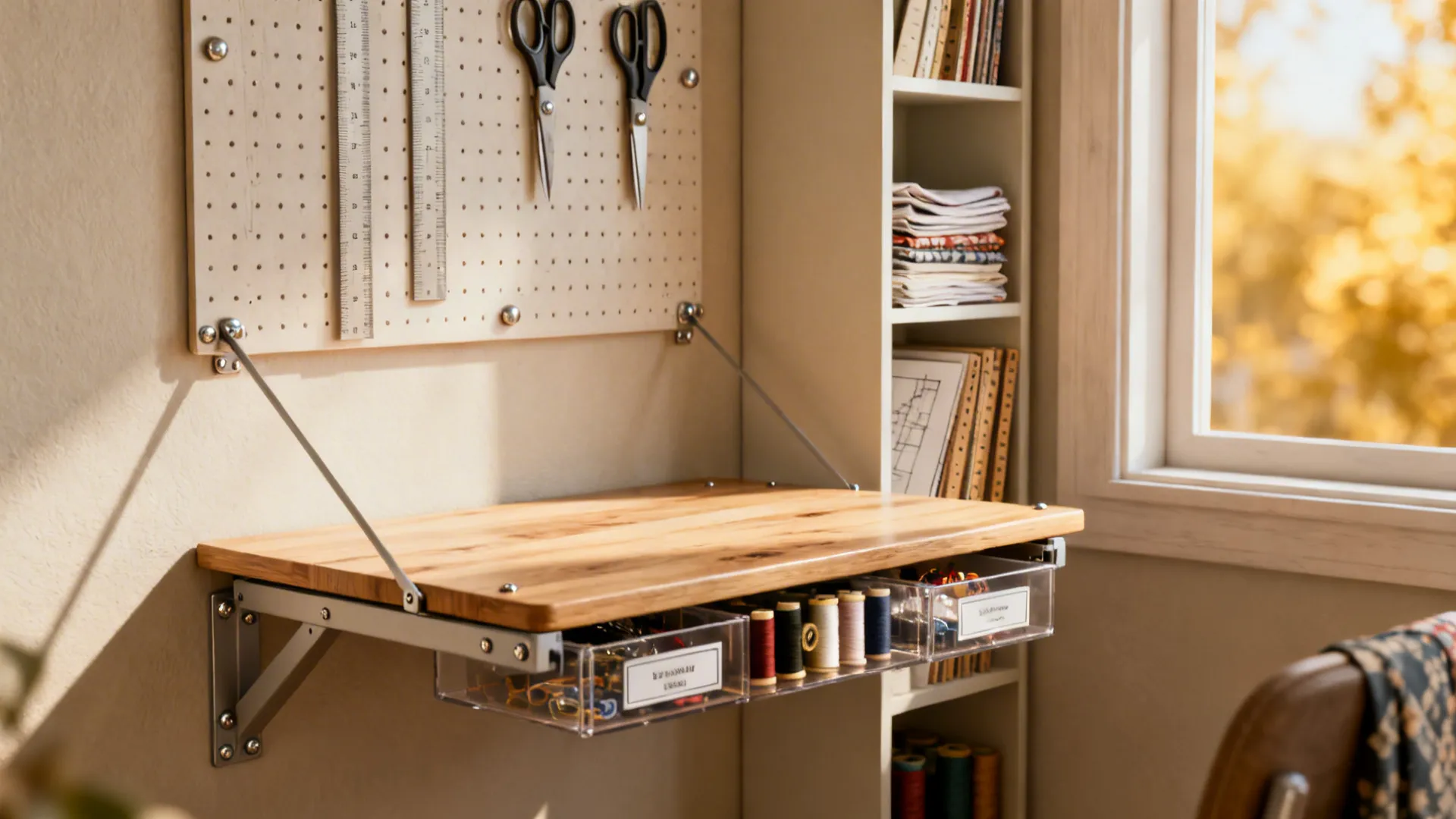 1. Fold-down worktable with vertical storage